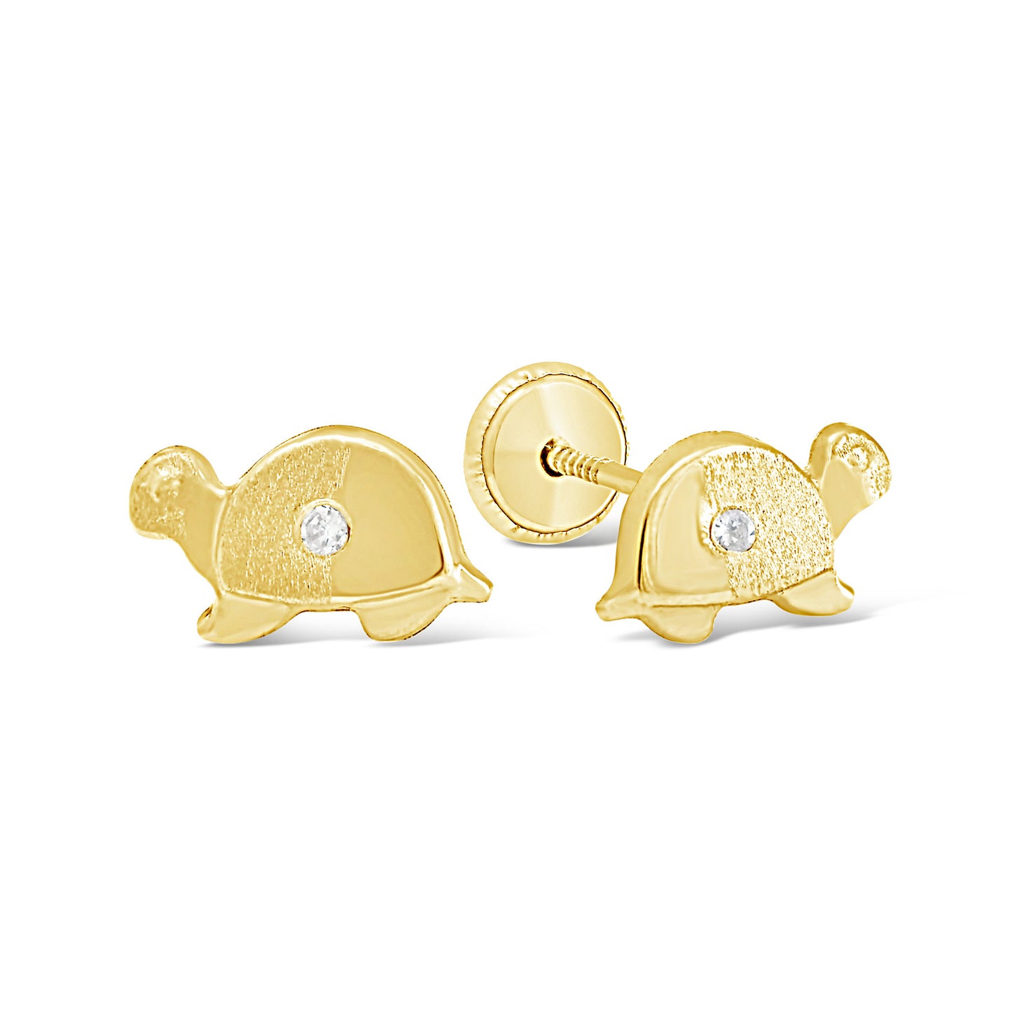 14K Yellow Gold Medium Turtle with White CZ Center Screwback Earrings