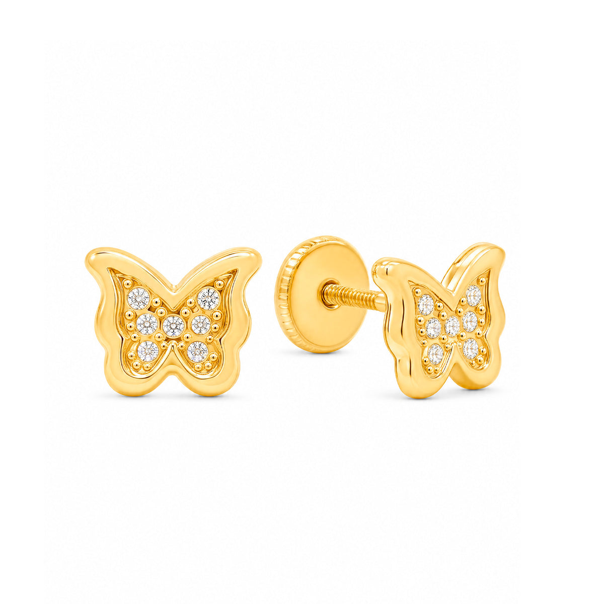 14K Yellow Gold Detailed Butterfly with White CZ Accent Stud Screwback Earrings