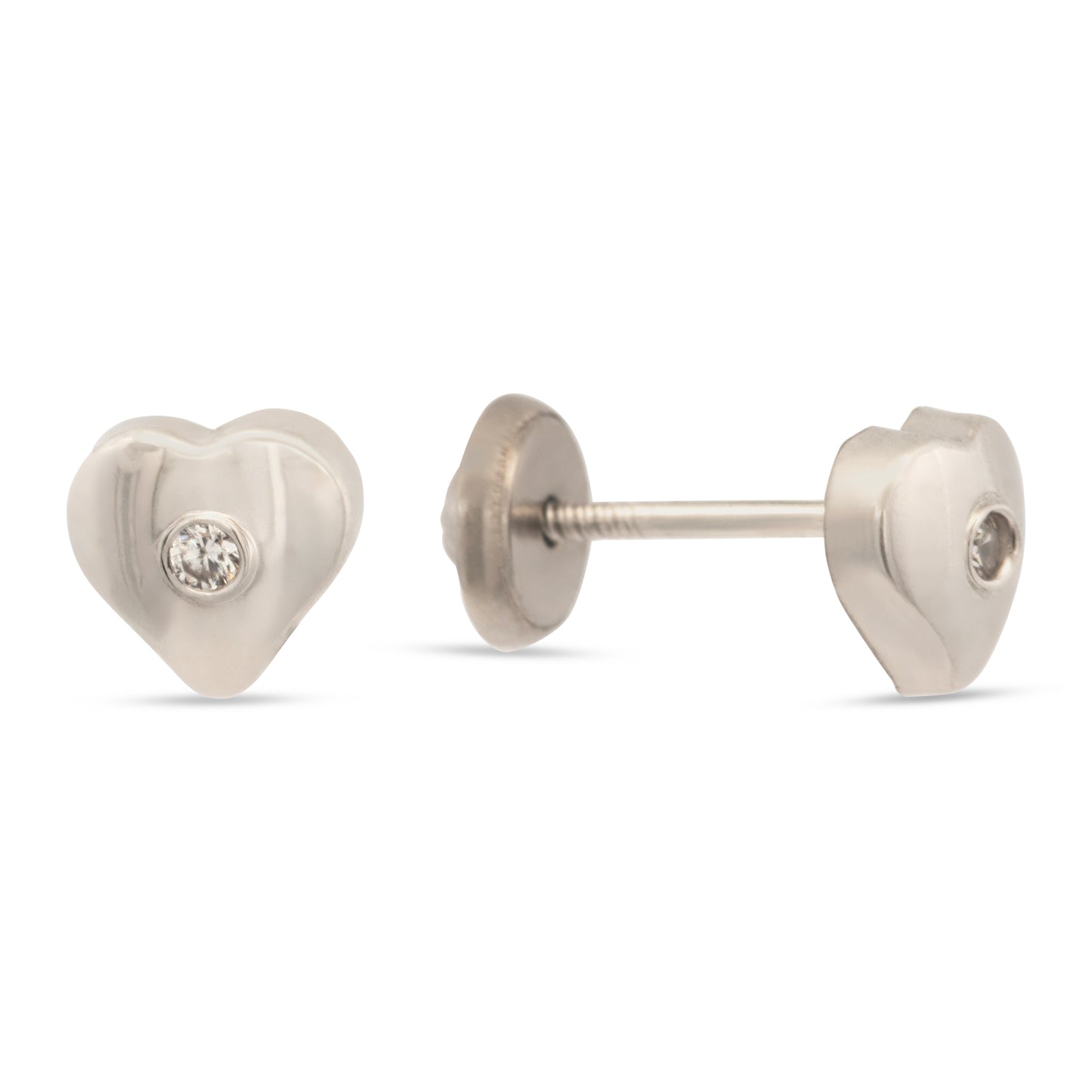 14K White Gold Large Solitaire CZ Heart Stud Screwback Earrings