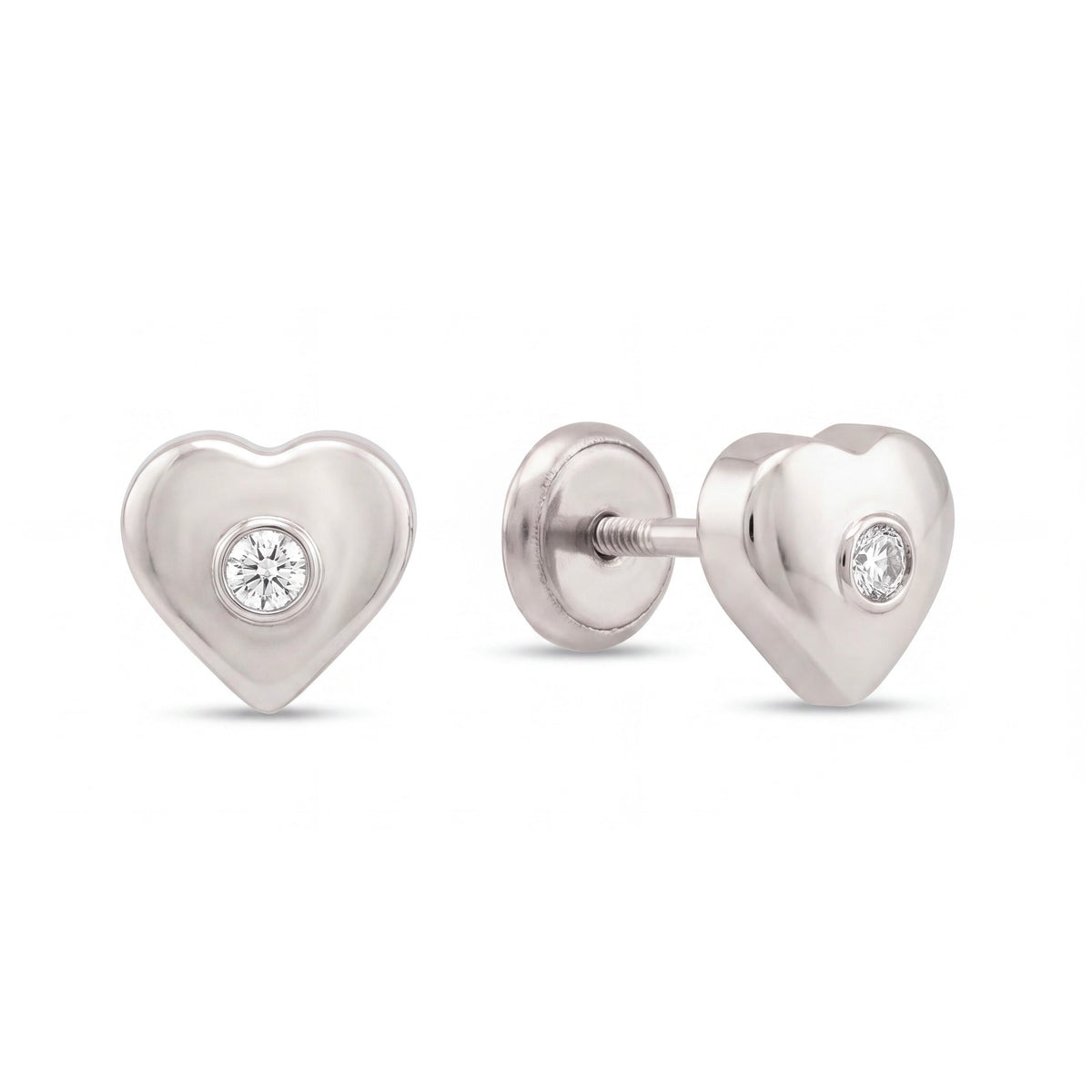 14K White Gold Large Solitaire CZ Heart Stud Screwback Earrings