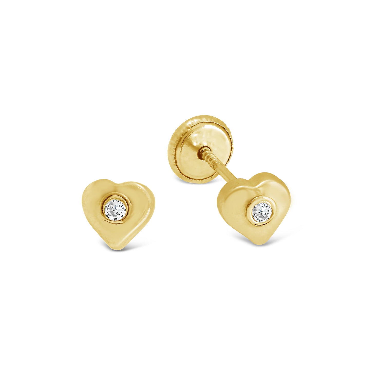 14K Yellow Gold Large Solitaire CZ Heart Stud Screwback Earrings
