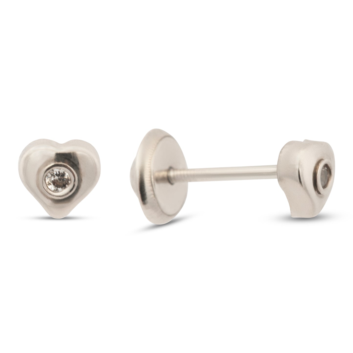 14K White Gold Small Solitaire CZ Heart Stud Screwback Earrings