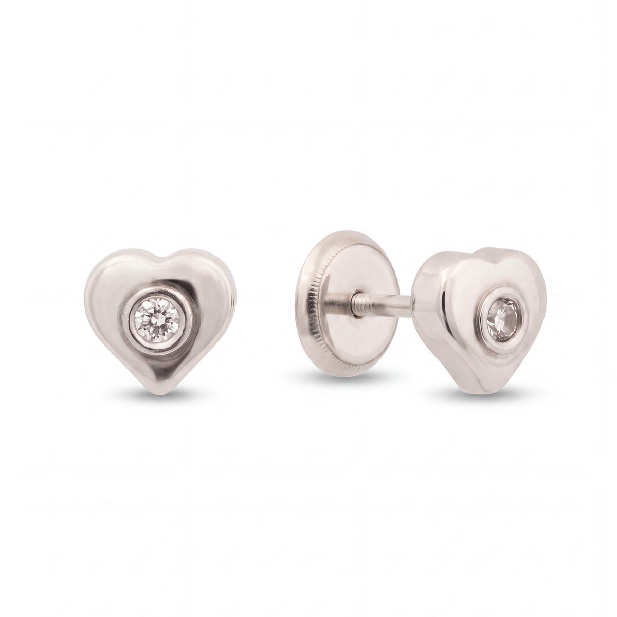 14K White Gold Small Solitaire CZ Heart Stud Screwback Earrings