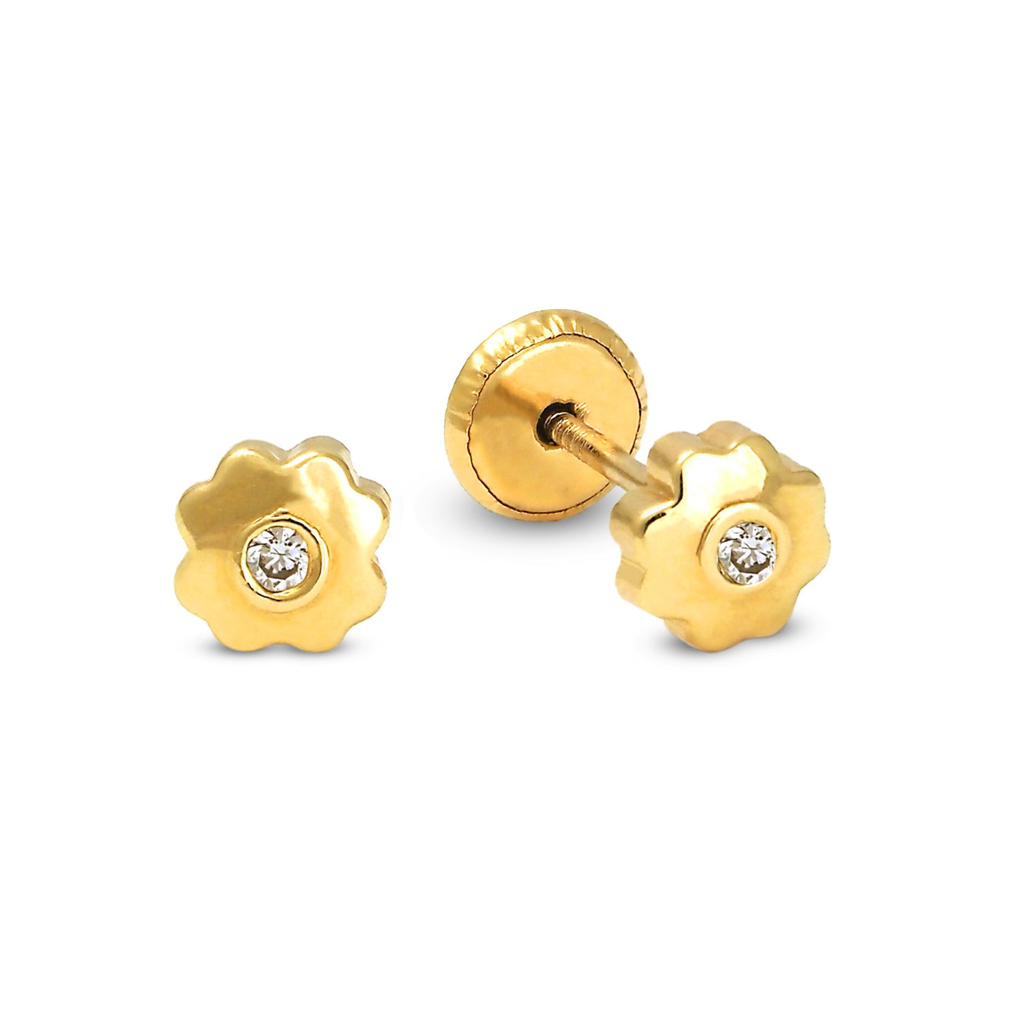 14K Yellow Gold Medium Polished Flower with CZ Flower Stud Screwback Earrings