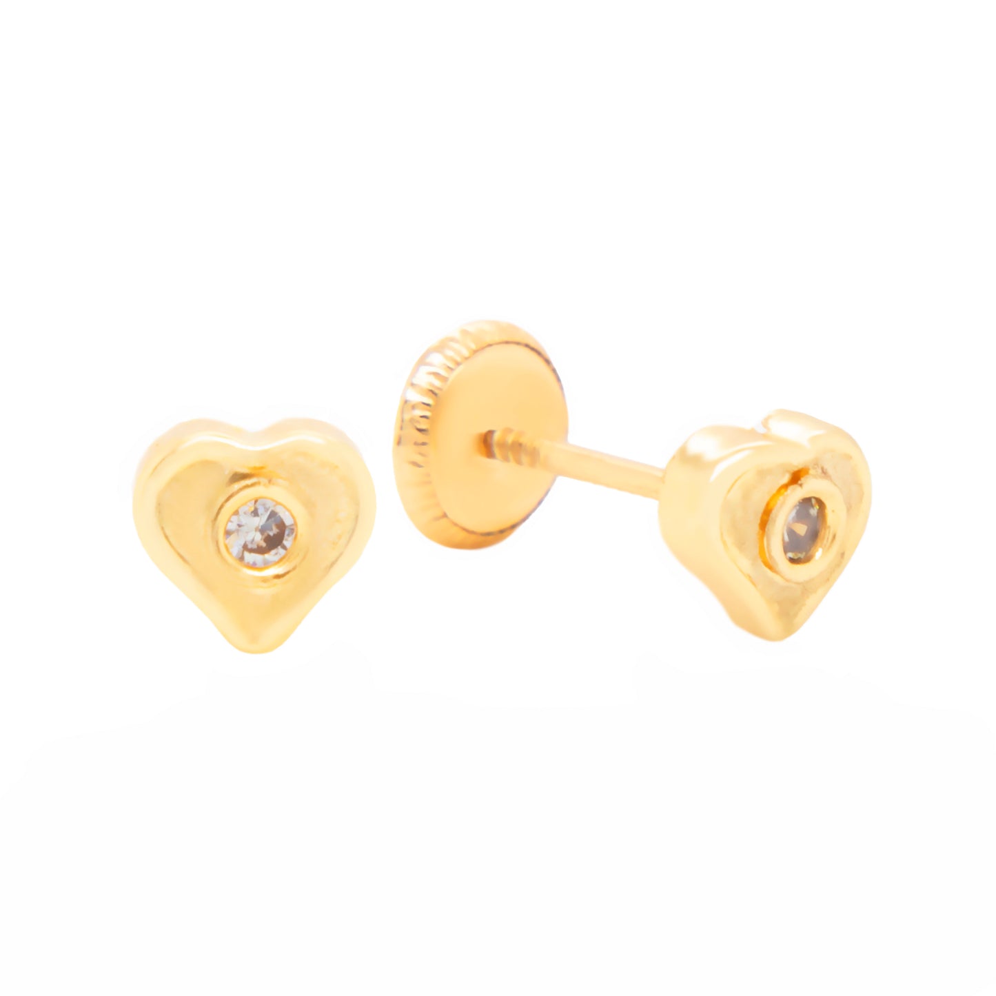 14K Yellow Gold Medium Solitaire CZ Heart Stud Screwback Earrings