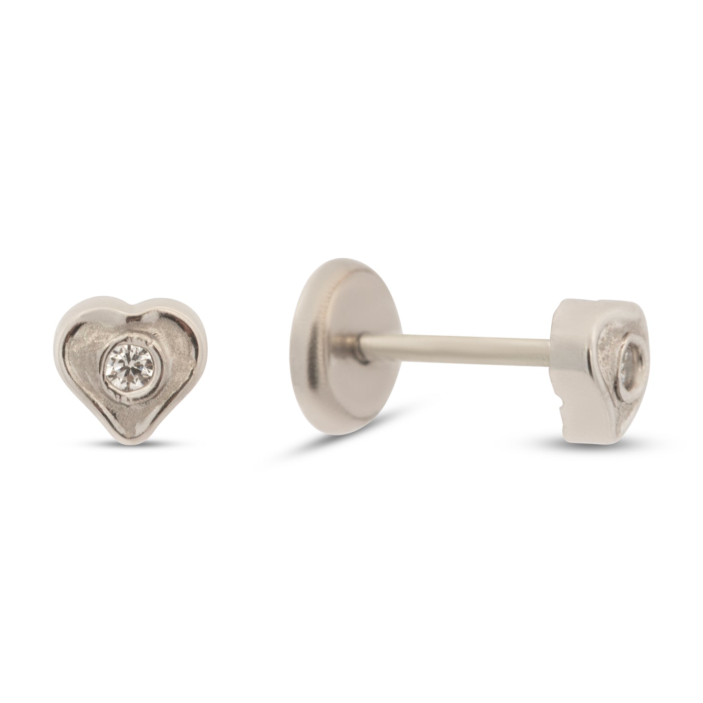 14K White Gold Small Solitaire CZ Heart Stud Screwback Earrings-1