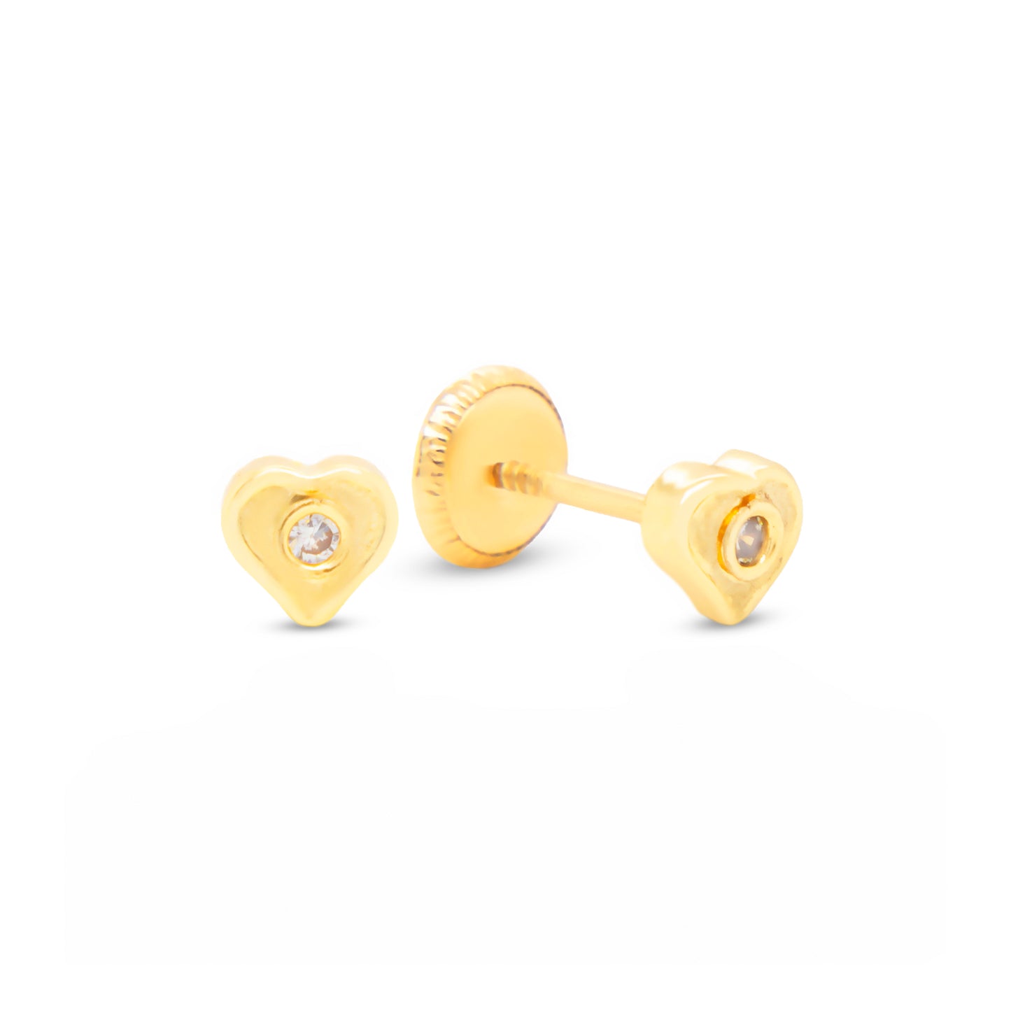 14K Yellow Gold Small Solitaire CZ Heart Stud Screwback Earrings-1