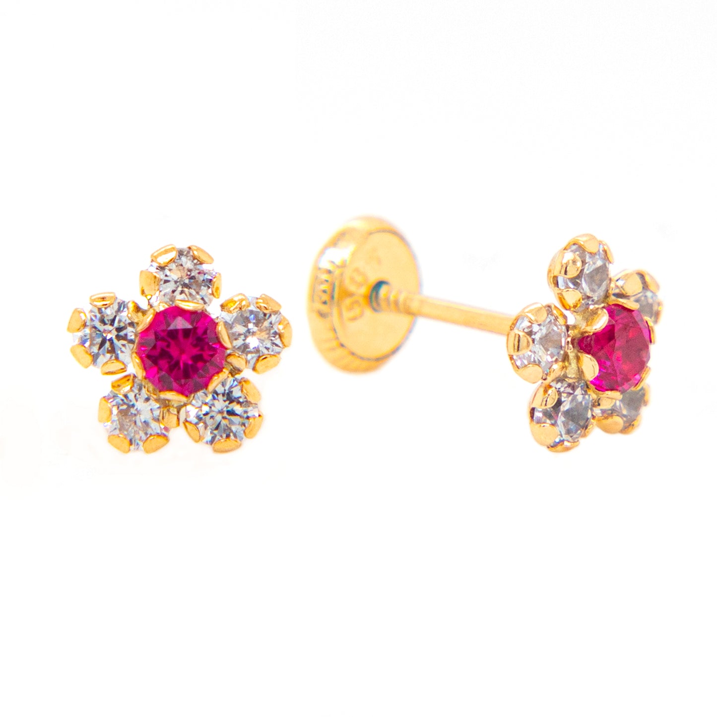 14K Yellow Gold Large White & Red CZ Round Flower Stud Screwback Earrings