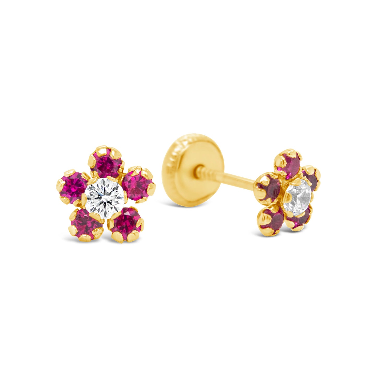 14K Yellow Gold Medium Red & White CZ Round Flower Stud Screwback Earrings