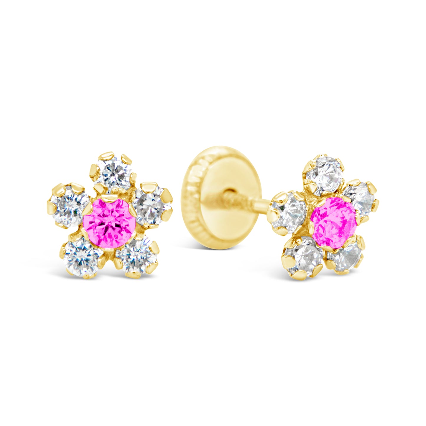 14K Yellow Gold Medium White & Pink CZ Round Flower Stud Screwback Earrings