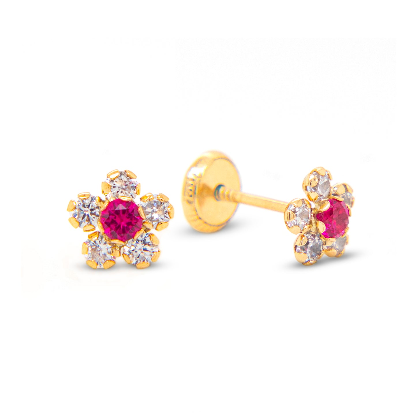 14K Yellow Gold Medium White & Red CZ Round Flower Stud Screwback Earrings