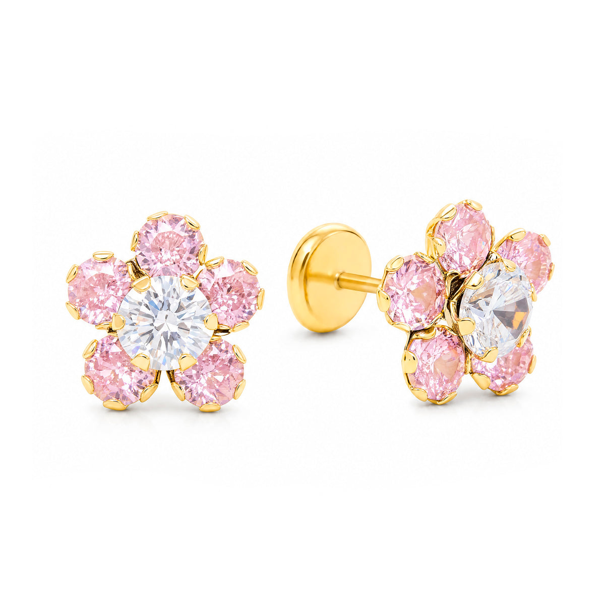 14K Yellow Gold Extra Large Pink & White CZ Round Flower Stud Screwback Earrings