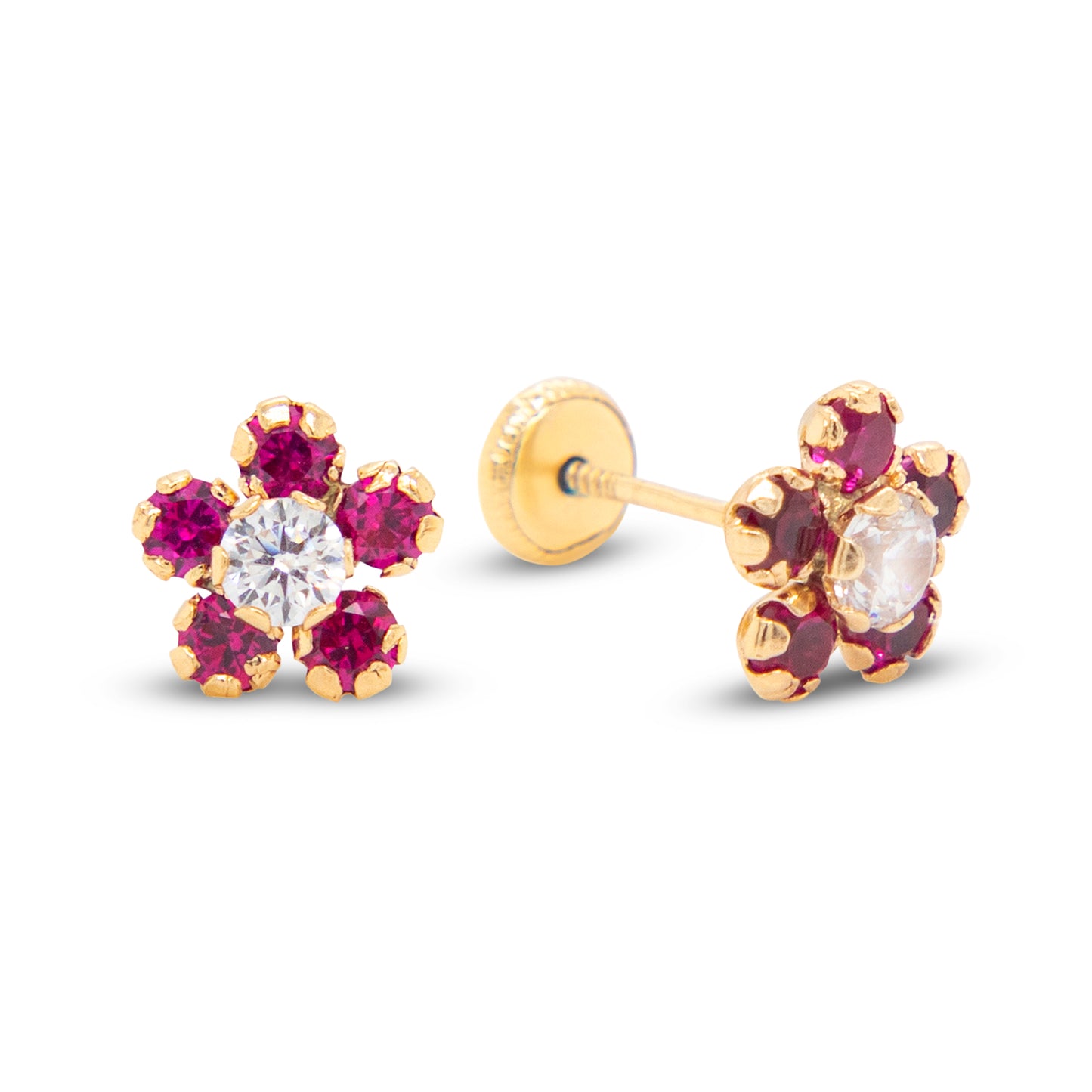 14K Yellow Gold Extra Large Red & White CZ Round Flower Stud Screwback Earrings