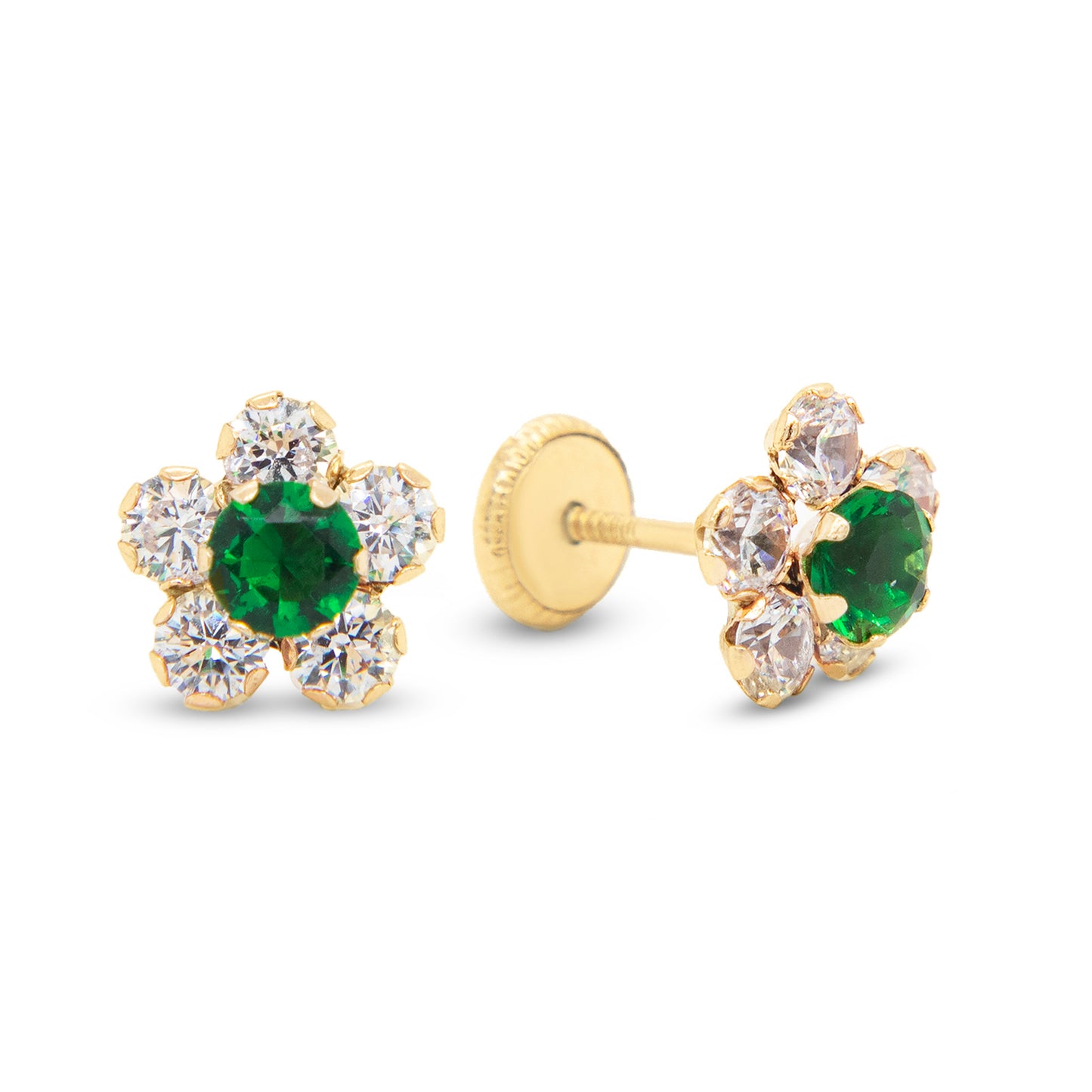 14K Yellow Gold Extra Large White & Green CZ Round Flower Stud Screwback Earrings