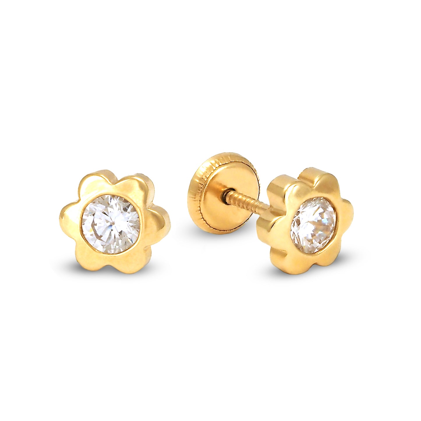 14K Yellow Gold Large Unique Polished Flower with CZ Center Stud Screwback Earrings