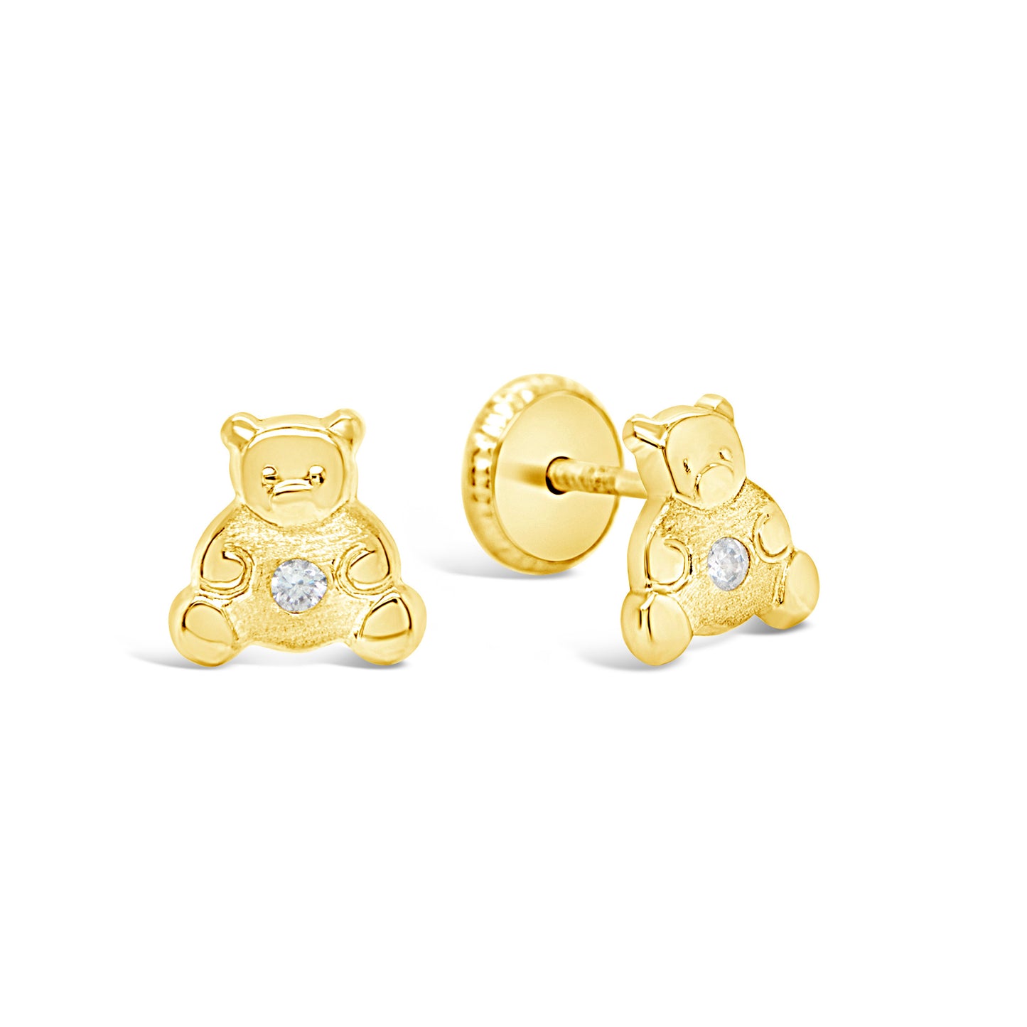 14K Yellow Gold Small Teddy Bear with White CZ Screwback Earrings