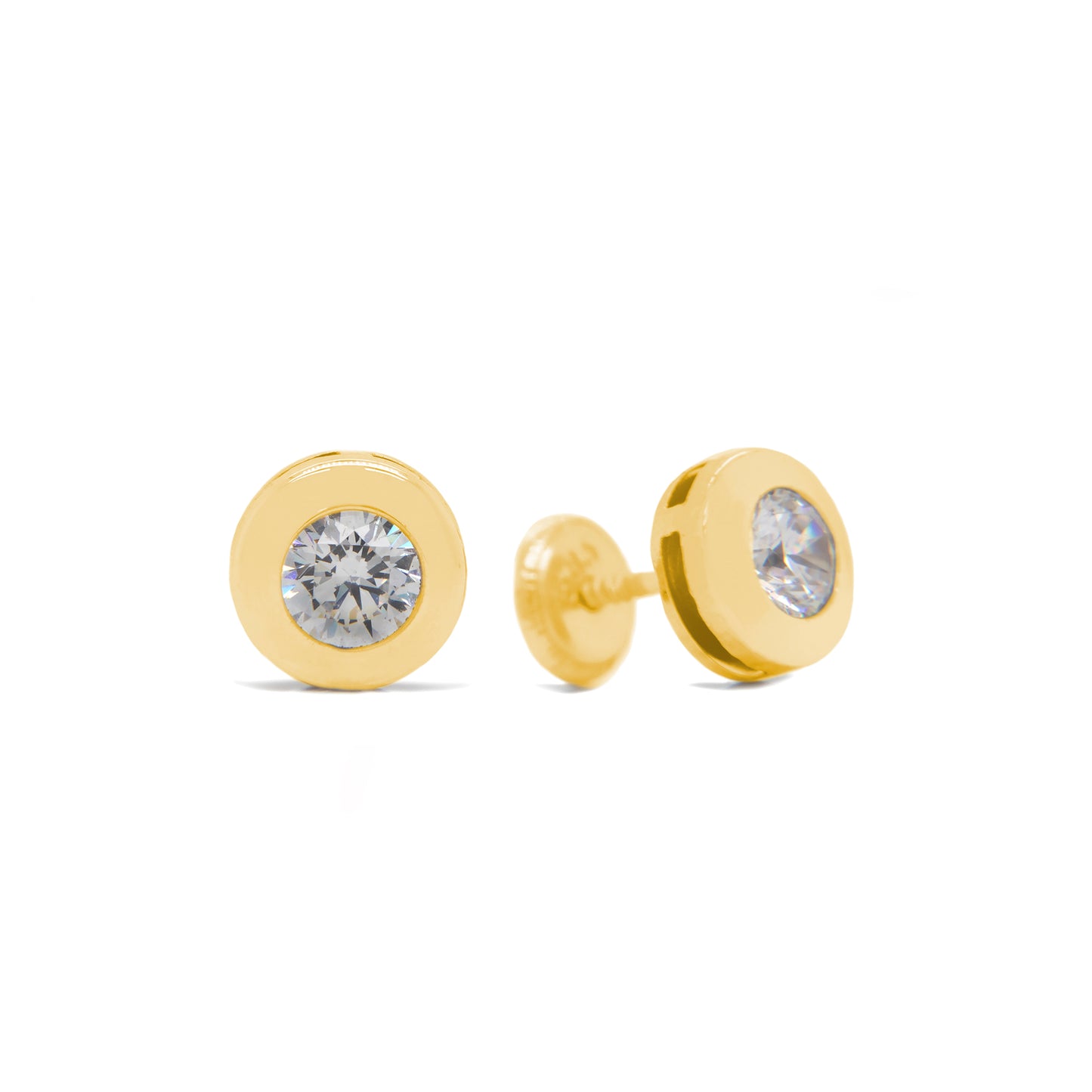 14K Yellow Gold 2MM CZ Flat Disc Bezel Stud Screwback Earrings