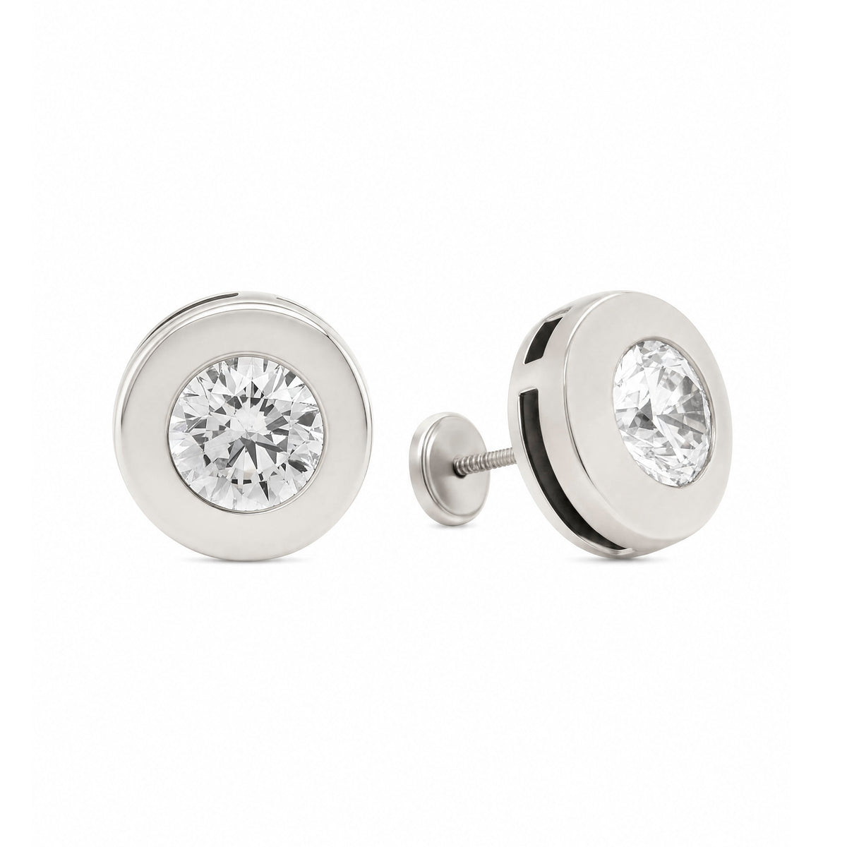 14K White Gold 3MM CZ Flat Disc Bezel Stud Screwback Earrings