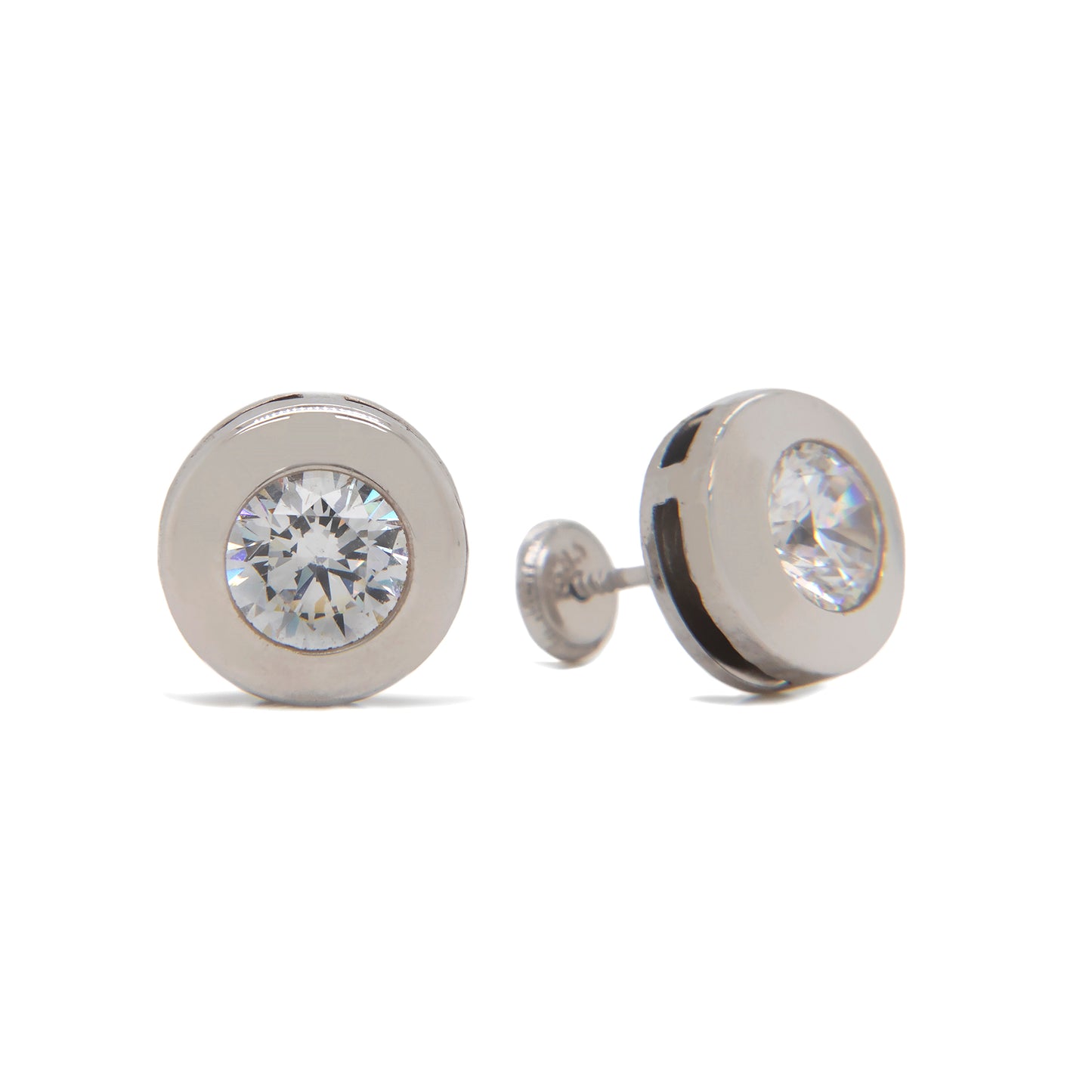 14K White Gold 4MM CZ Flat Disc Bezel Stud Screwback Earrings