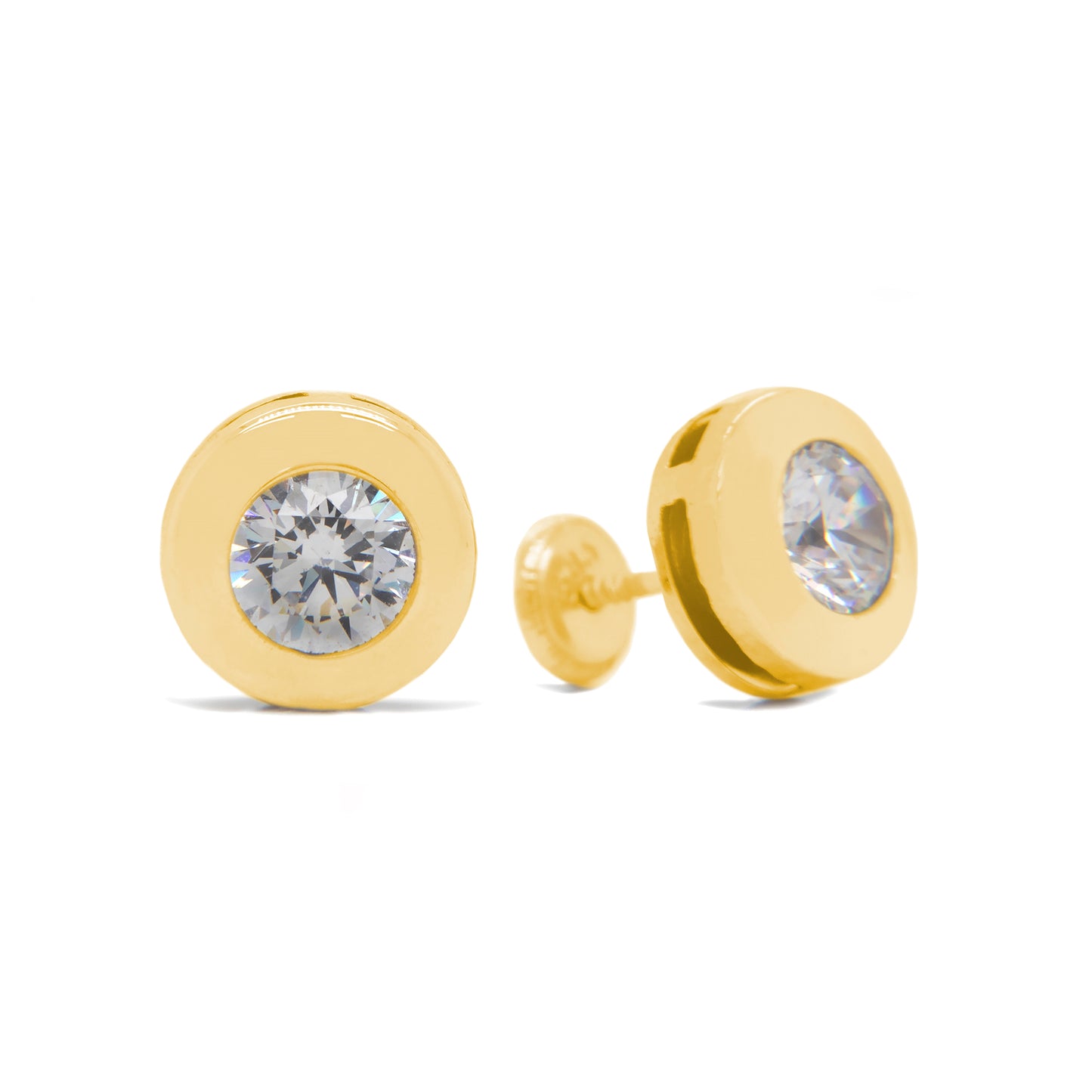 14K Yellow Gold 4MM CZ Flat Disc Bezel Stud Screwback Earrings