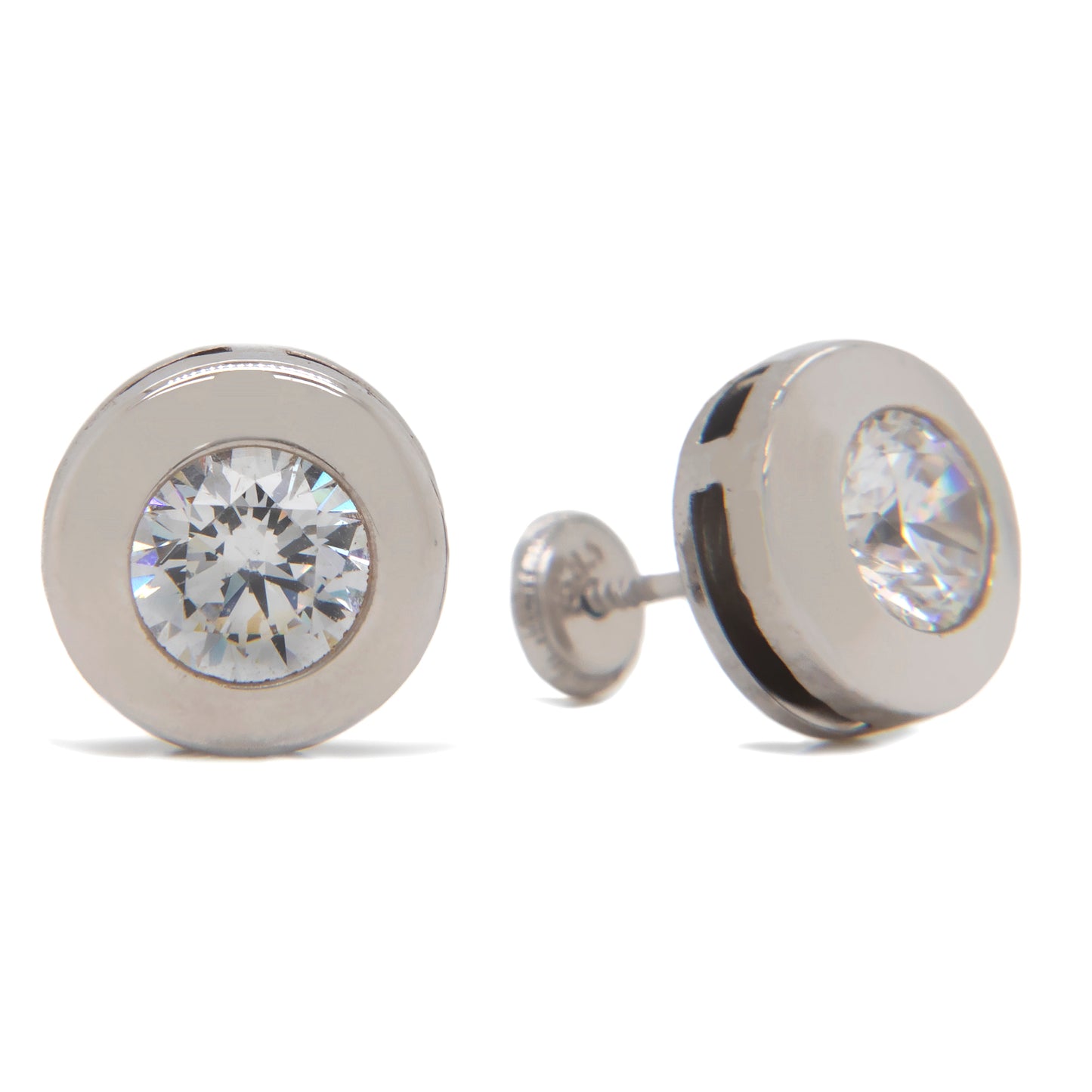 14K White Gold 6MM CZ Flat Disc Bezel Stud Screwback Earrings