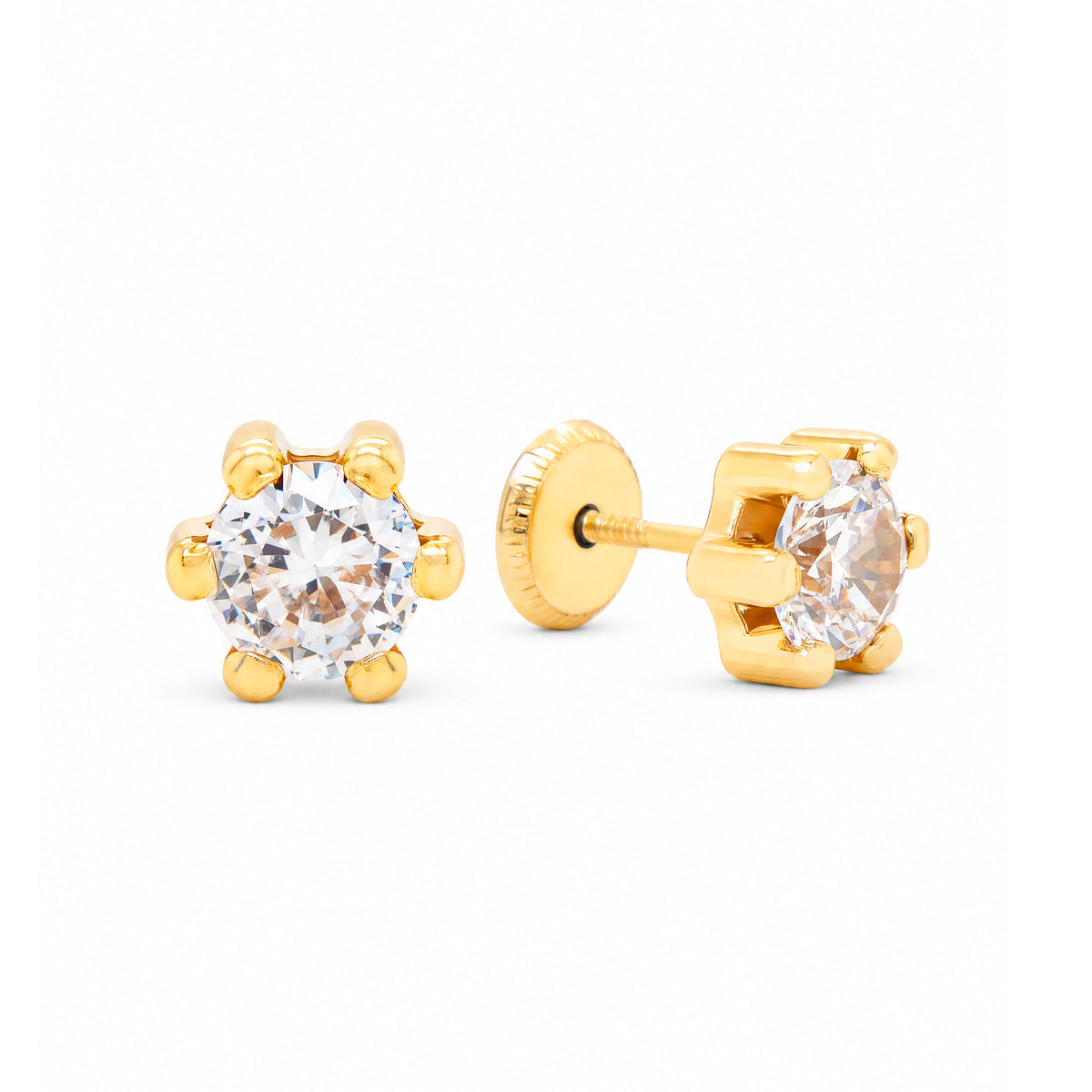 14K Yellow Gold 4MM White Round CZ 6-Prong Stud Screwback Earrings