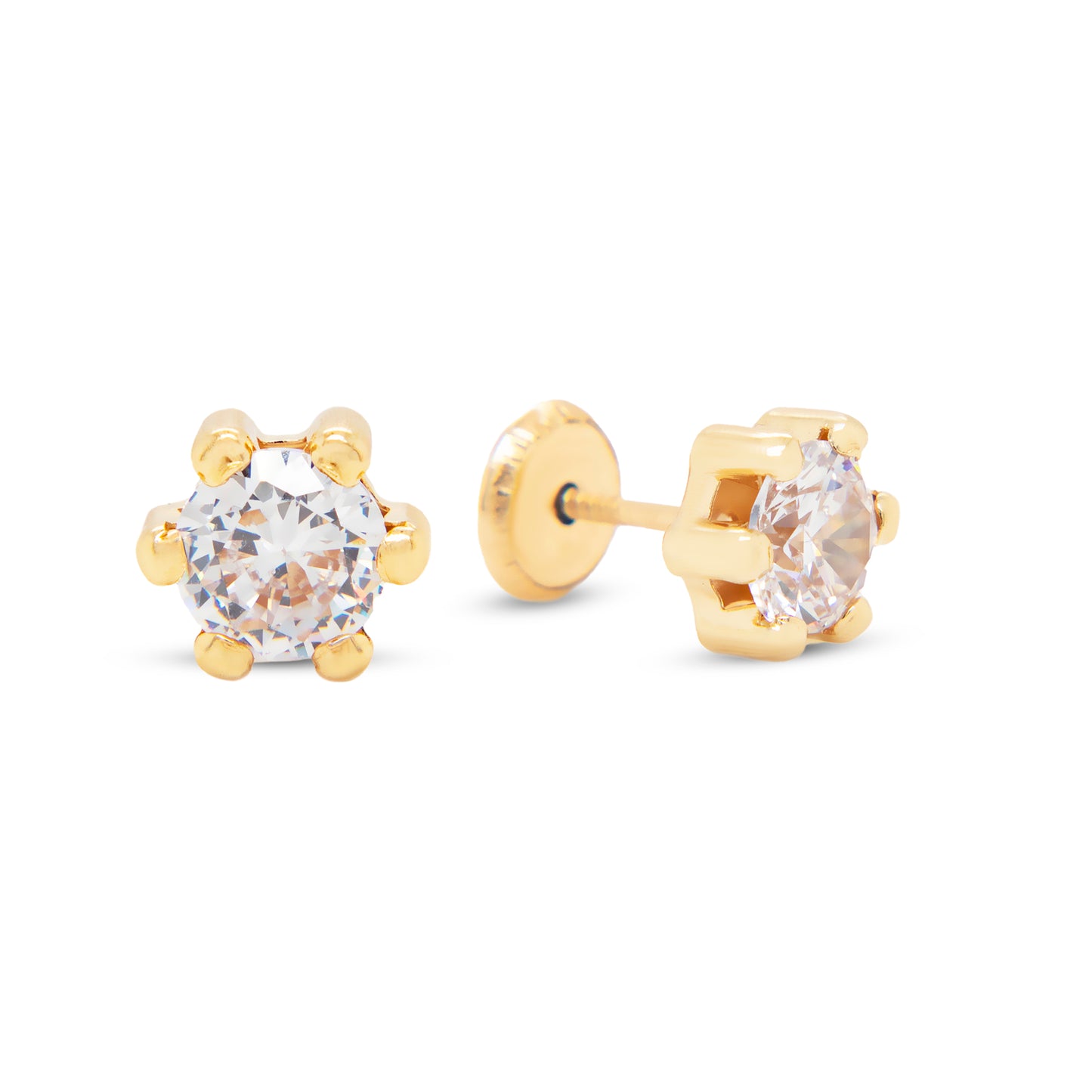 14K Yellow Gold 5MM White Round CZ 6-Prong Stud Screwback Earrings
