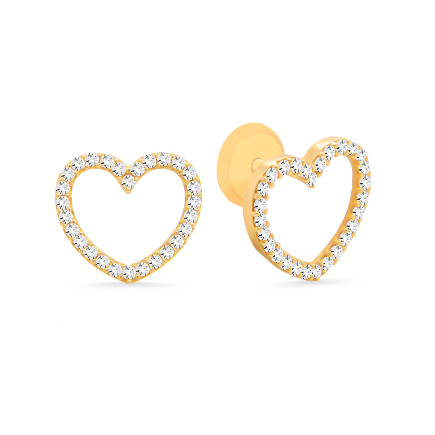 14K Yellow Gold Large Open Heart Pave White CZ Stud Screwback Earrings