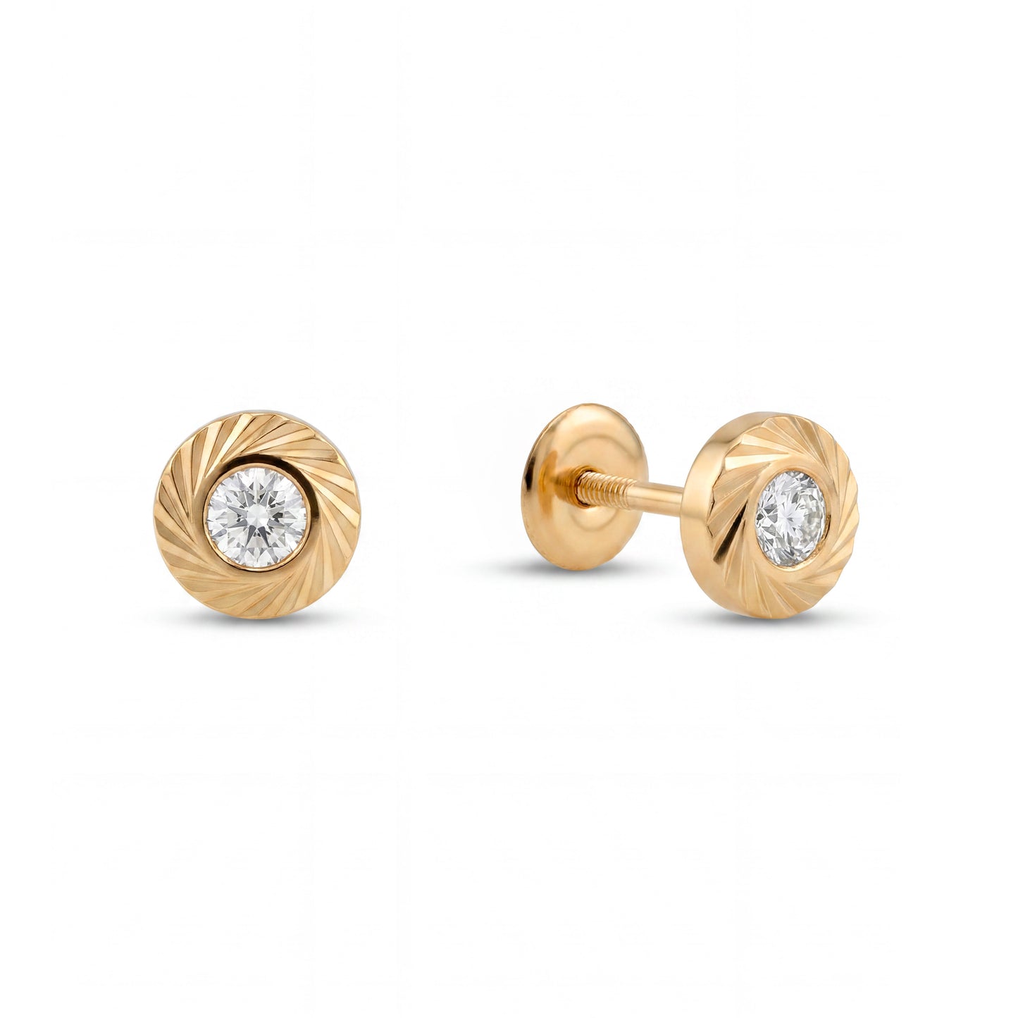14K Yellow Gold Round Diamond Cut Bezel CZ Center Screwback-2.5 mm