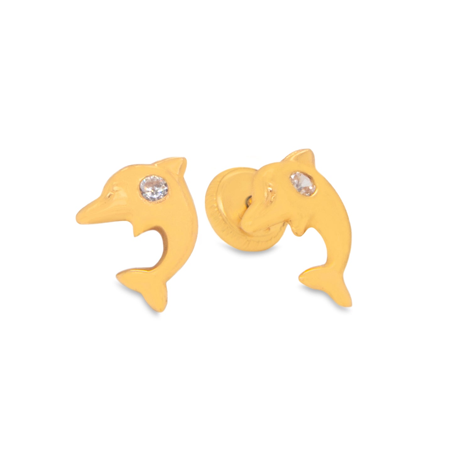 14K Yellow Gold Dolphin with White CZ Accent Stud Screwback Earrings