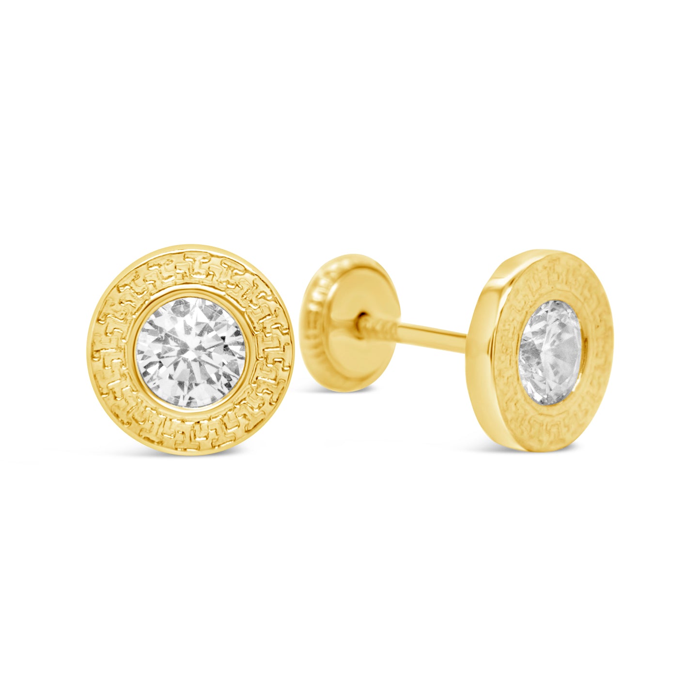 14K Yellow Gold Medium White Round CZ Textured Bezel Stud Screwback Earrings
