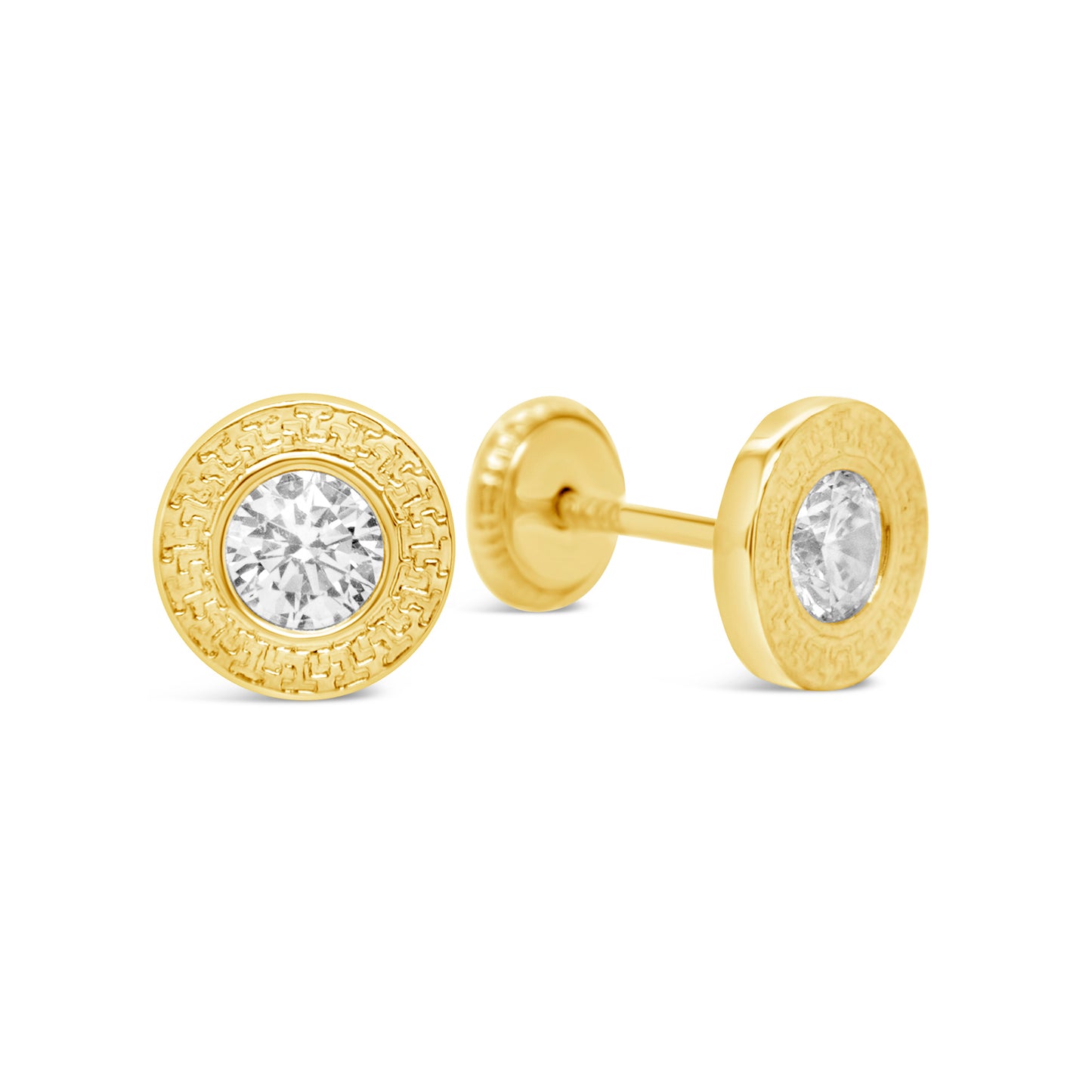 14K Yellow Gold Small White Round CZ Textured Bezel Stud Screwback Earrings