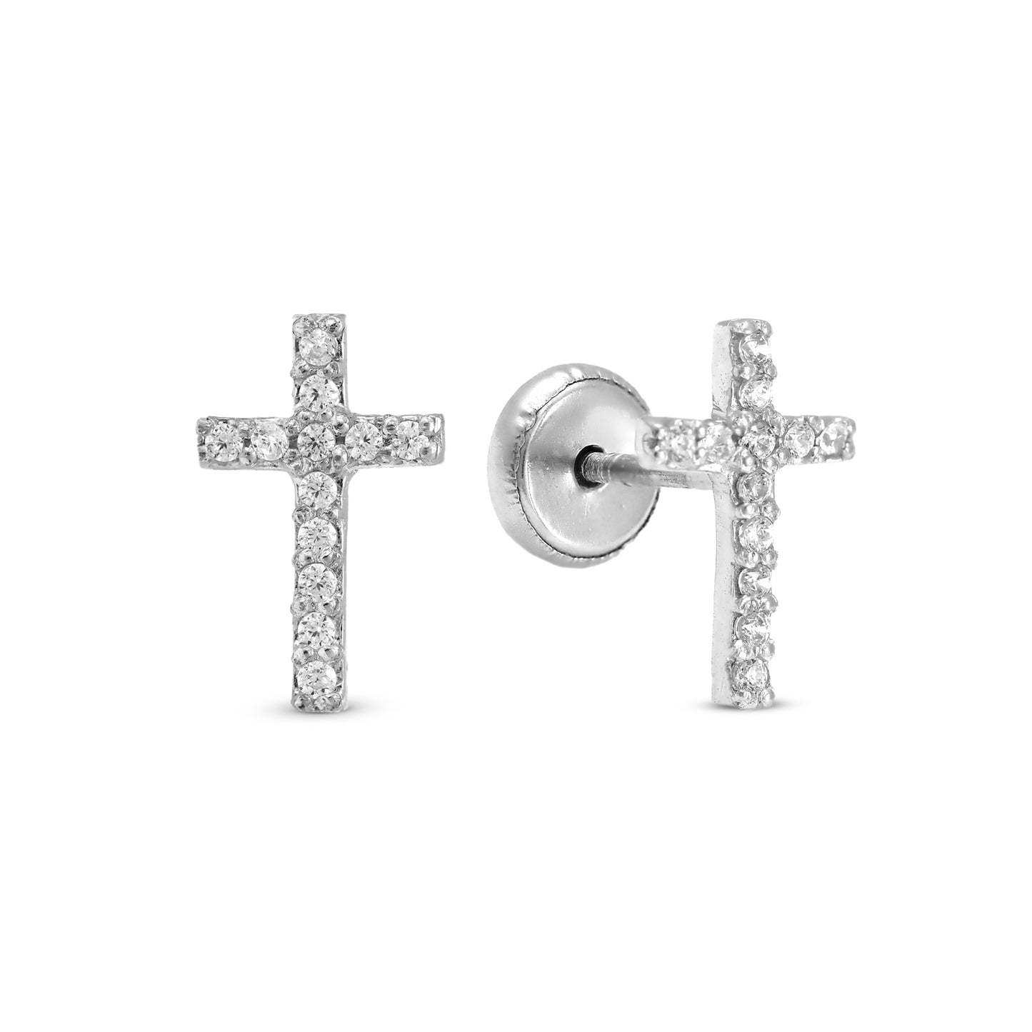 14K White Gold Small White CZ Cross Screwback Earrings