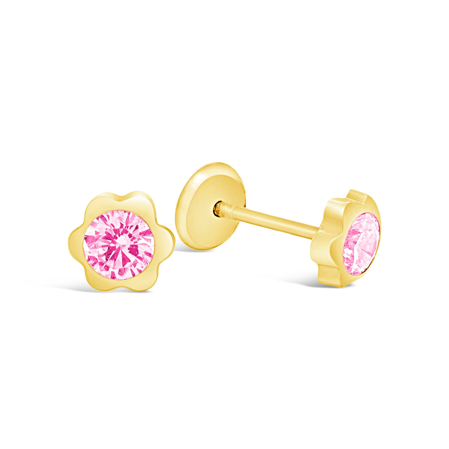 14K Yellow Gold 3MM Blossom Flower with Pink CZ Center Stud Screwback Earrings