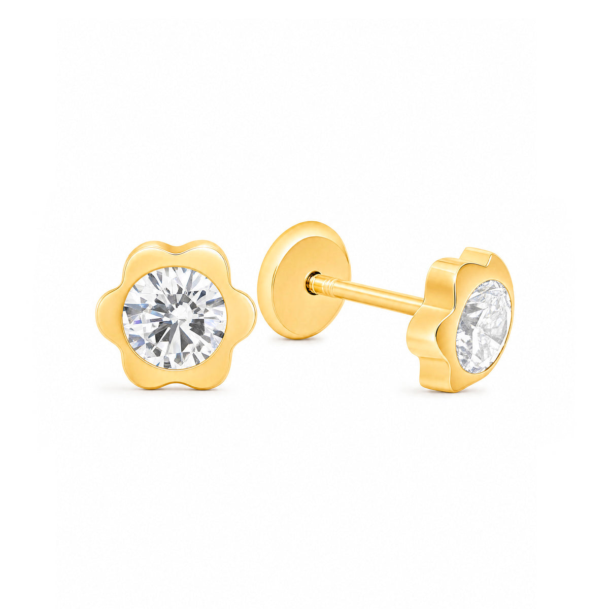 14K Yellow Gold 4MM Blossom Flower with White CZ Center Stud Screwback Earrings