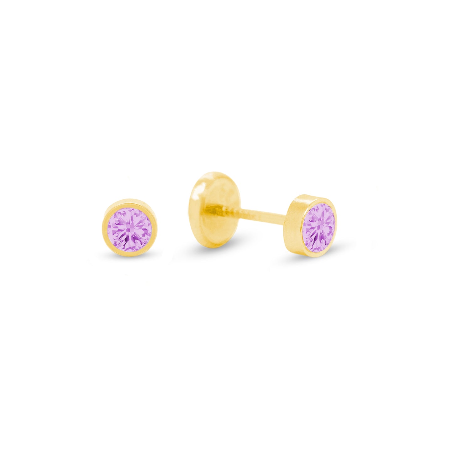 14K Yellow Gold 2MM Bezel-Set Purple CZ Stud Screwback Earrings