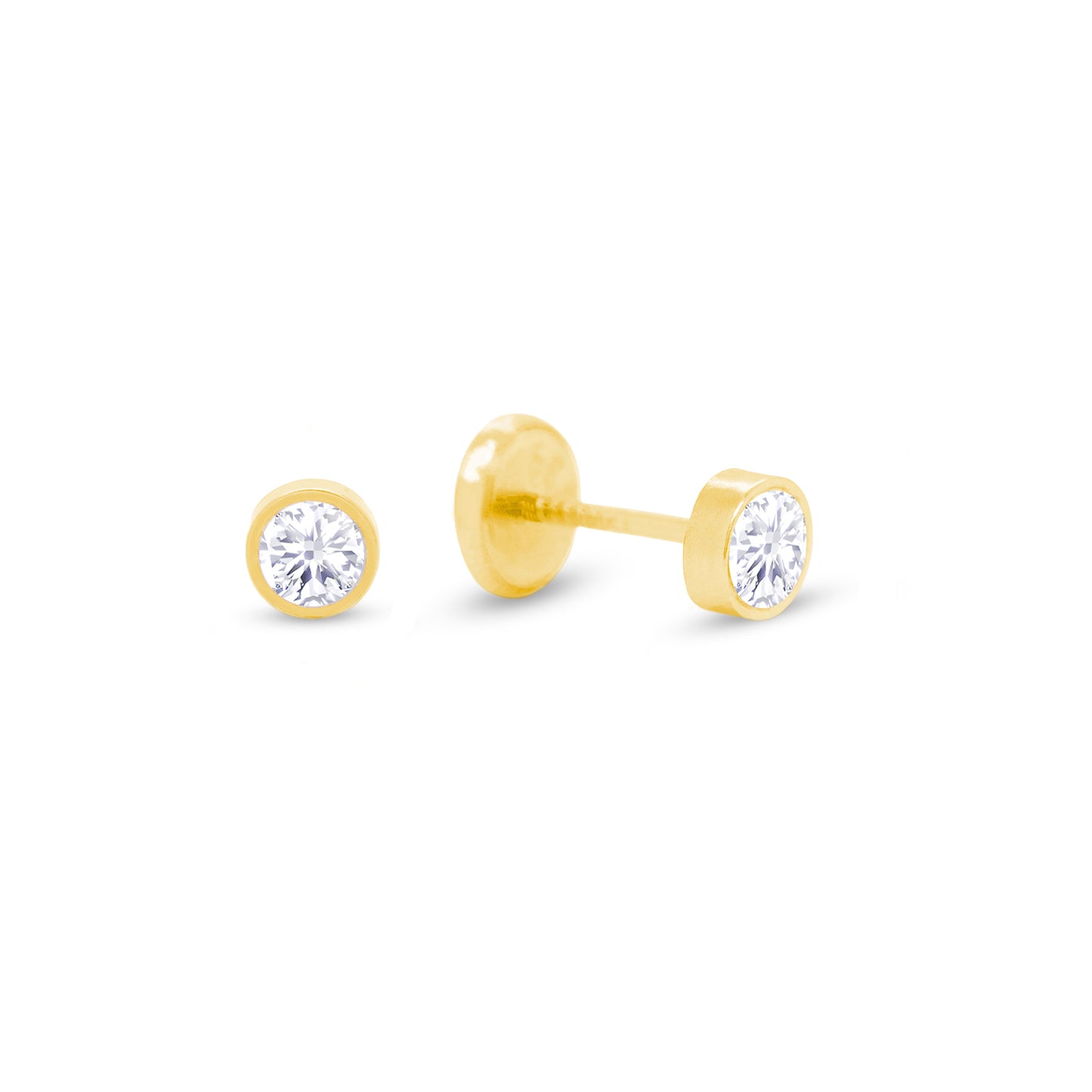 14K Yellow Gold 2MM Bezel-Set White CZ Stud Screwback Earrings
