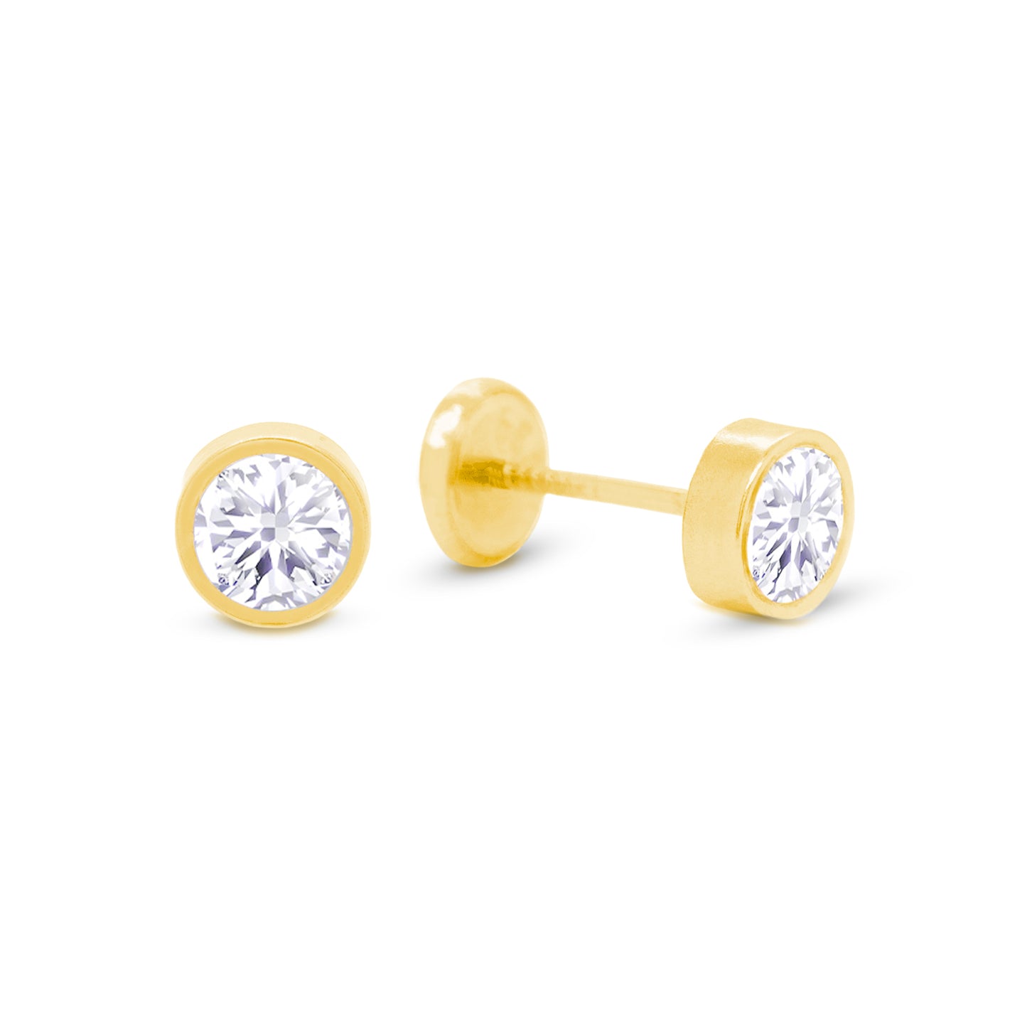 14K Yellow Gold 4MM Bezel-Set White CZ Stud Screwback Earrings