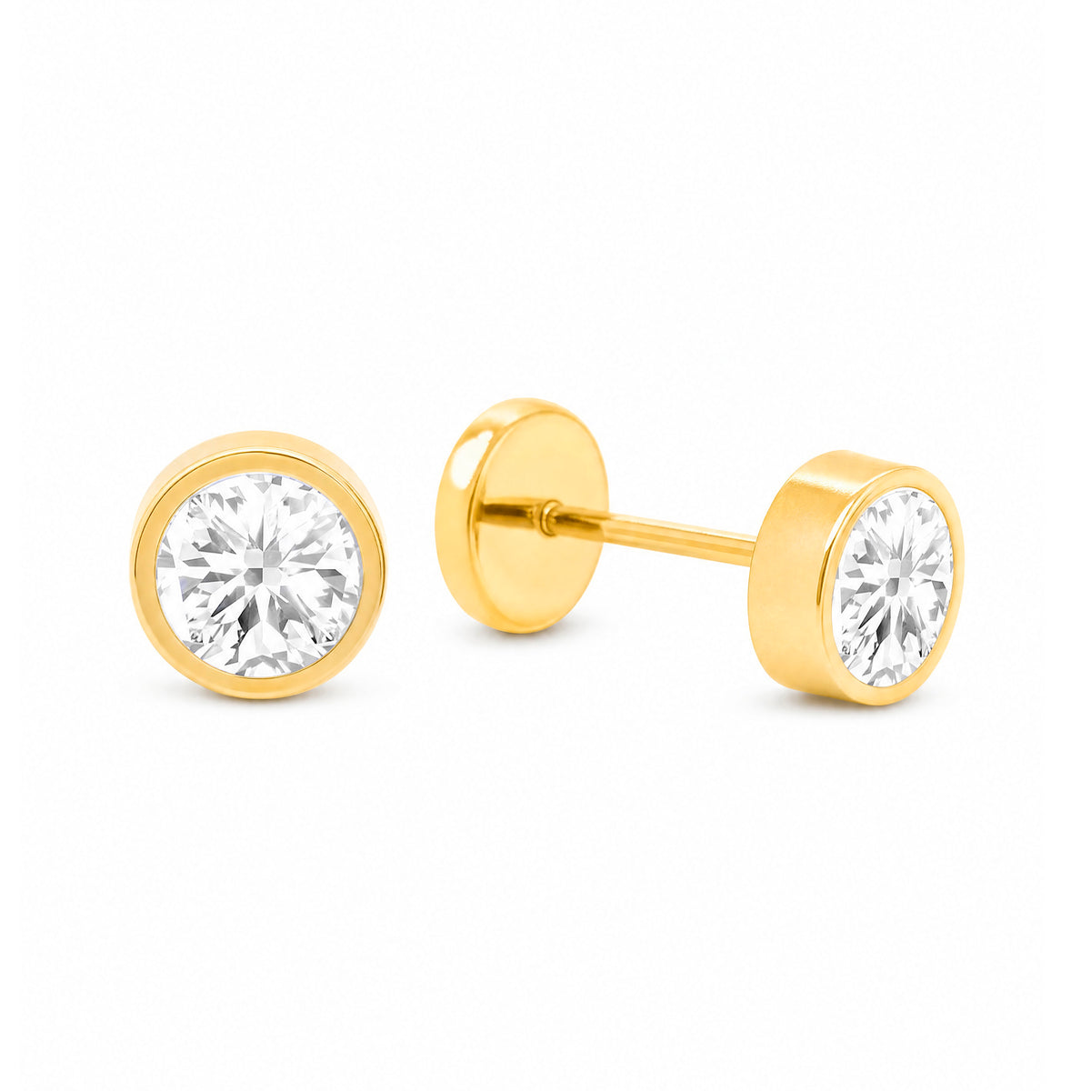 14K Yellow Gold 4MM Bezel-Set White CZ Stud Screwback Earrings