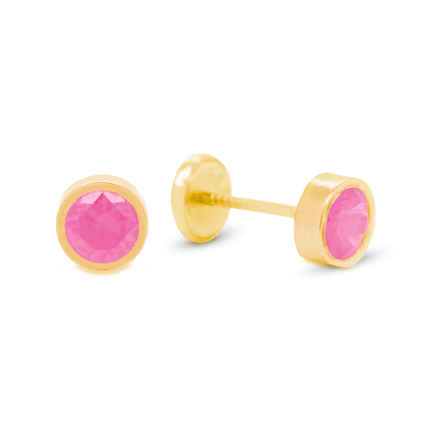14K Yellow Gold 5MM Bezel-Set Pink CZ Stud Screwback Earrings