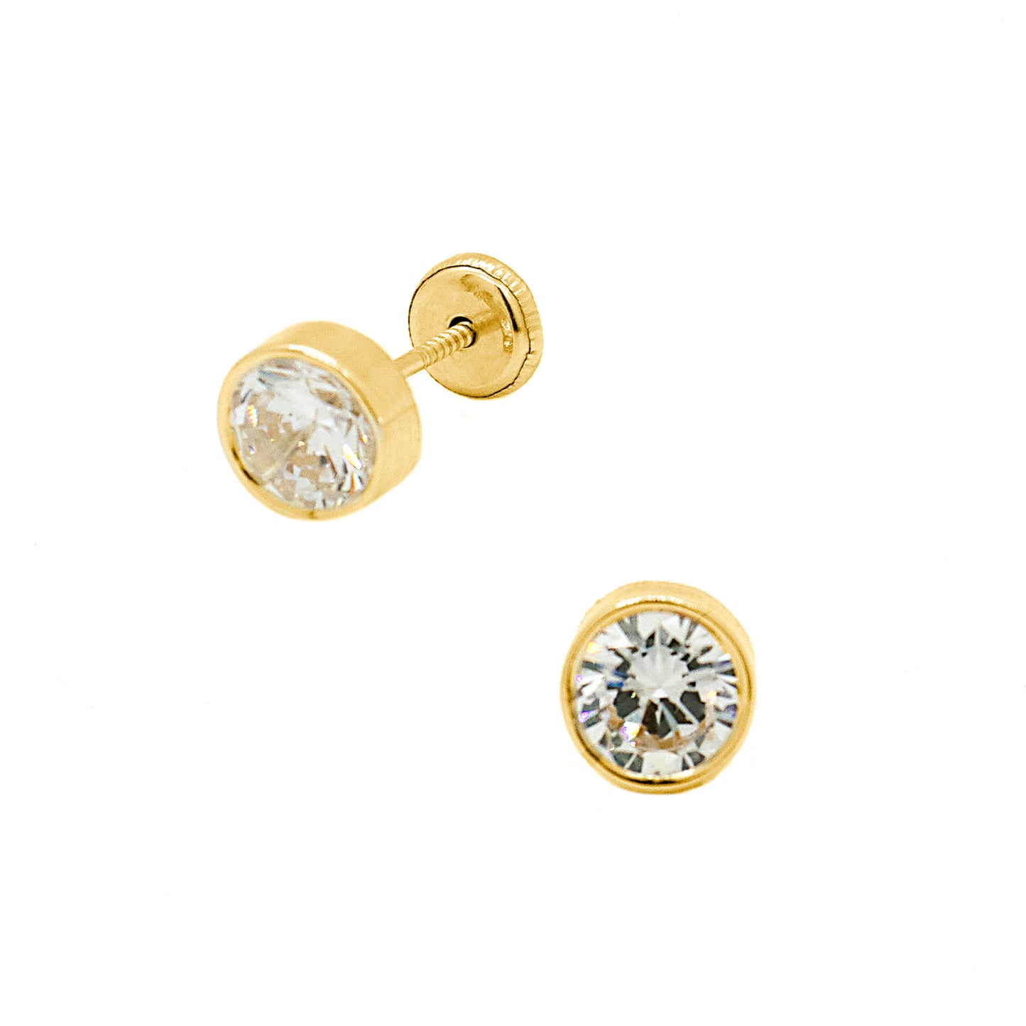 14K Yellow Gold 6MM Bezel-Set White CZ Stud Screwback Earrings