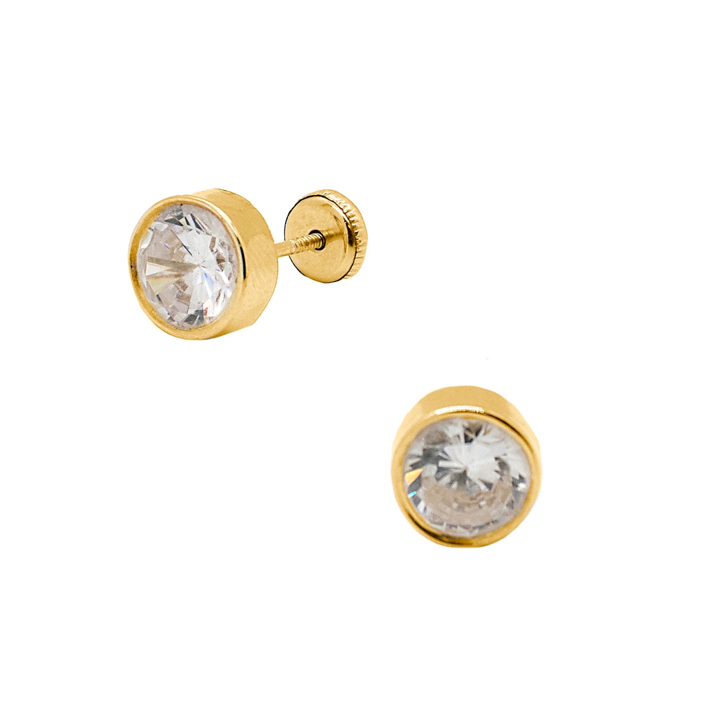 14K Yellow Gold 7MM Bezel-Set White CZ Stud Screwback Earrings