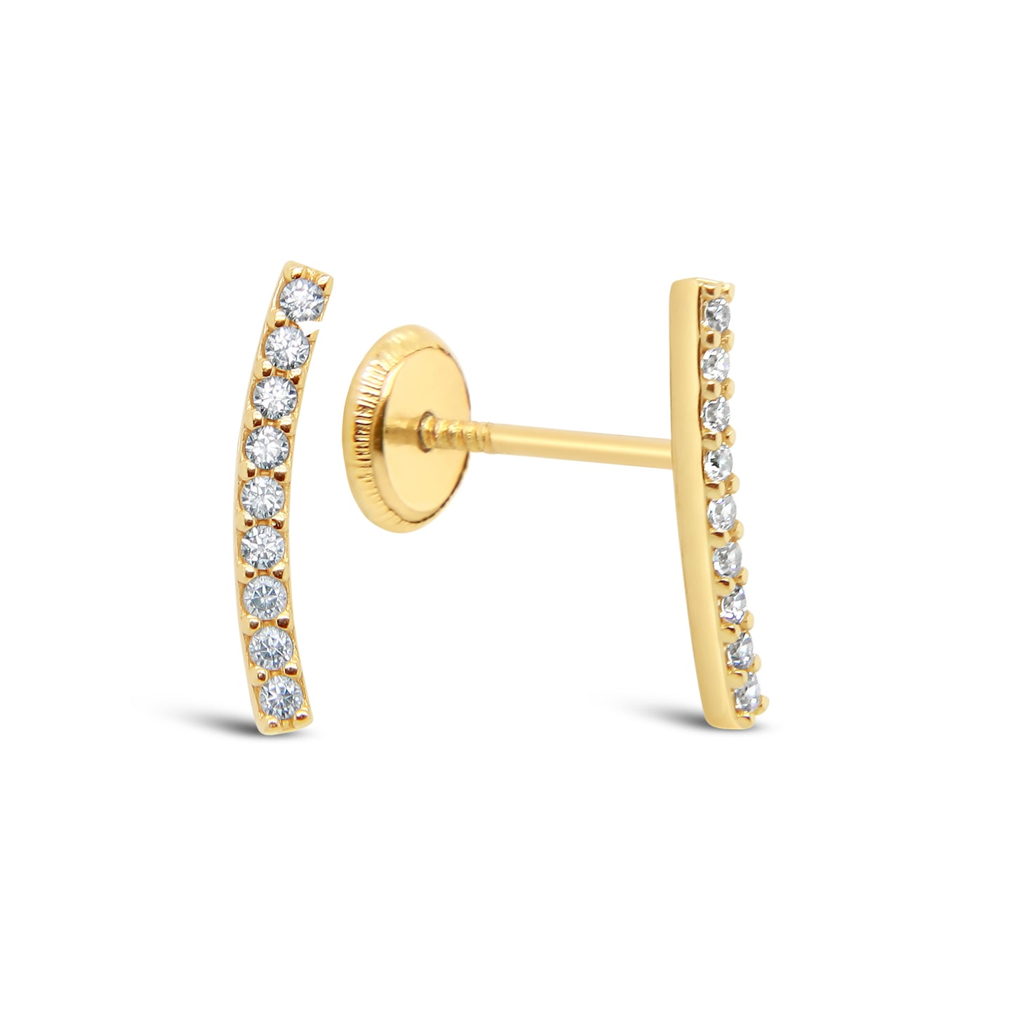 14K Yellow Gold White CZ Curved Bar Stud Screwback Earrings