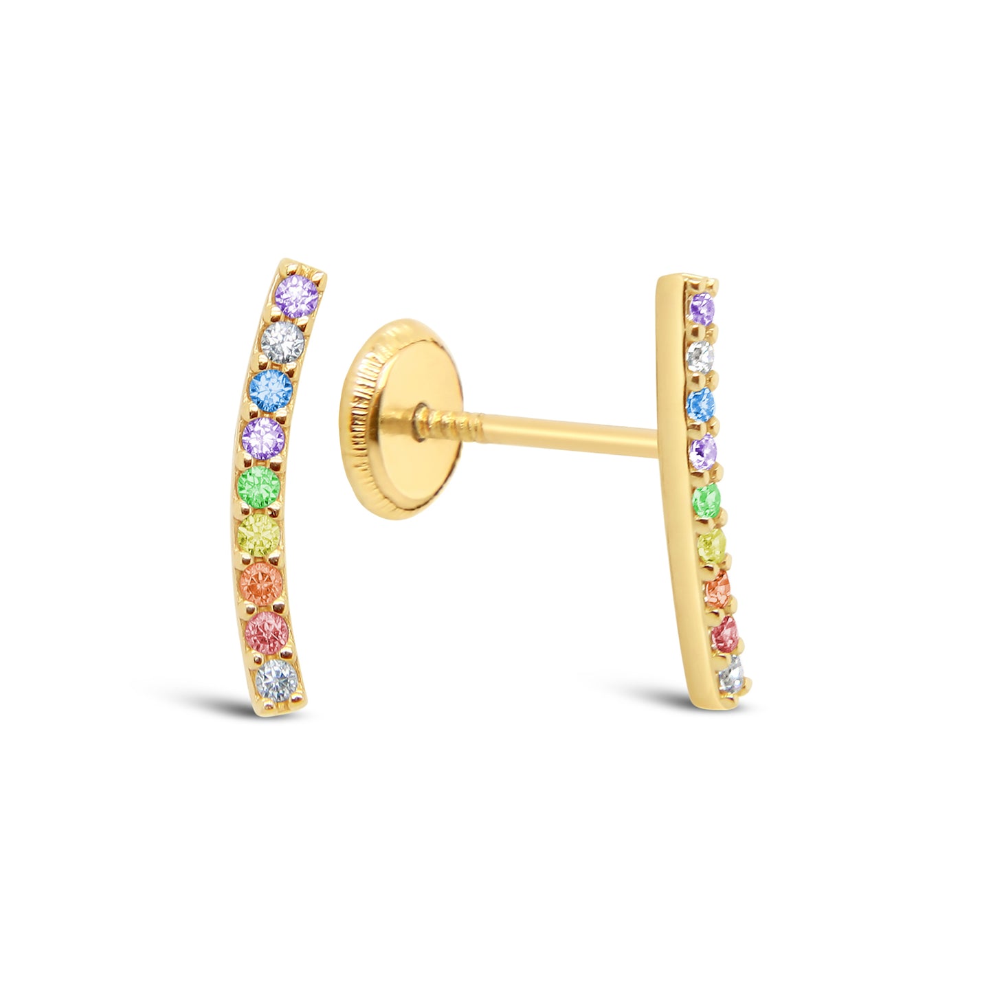 14K Yellow Gold Multi-Color CZ Curved Bar Stud Screwback Earrings