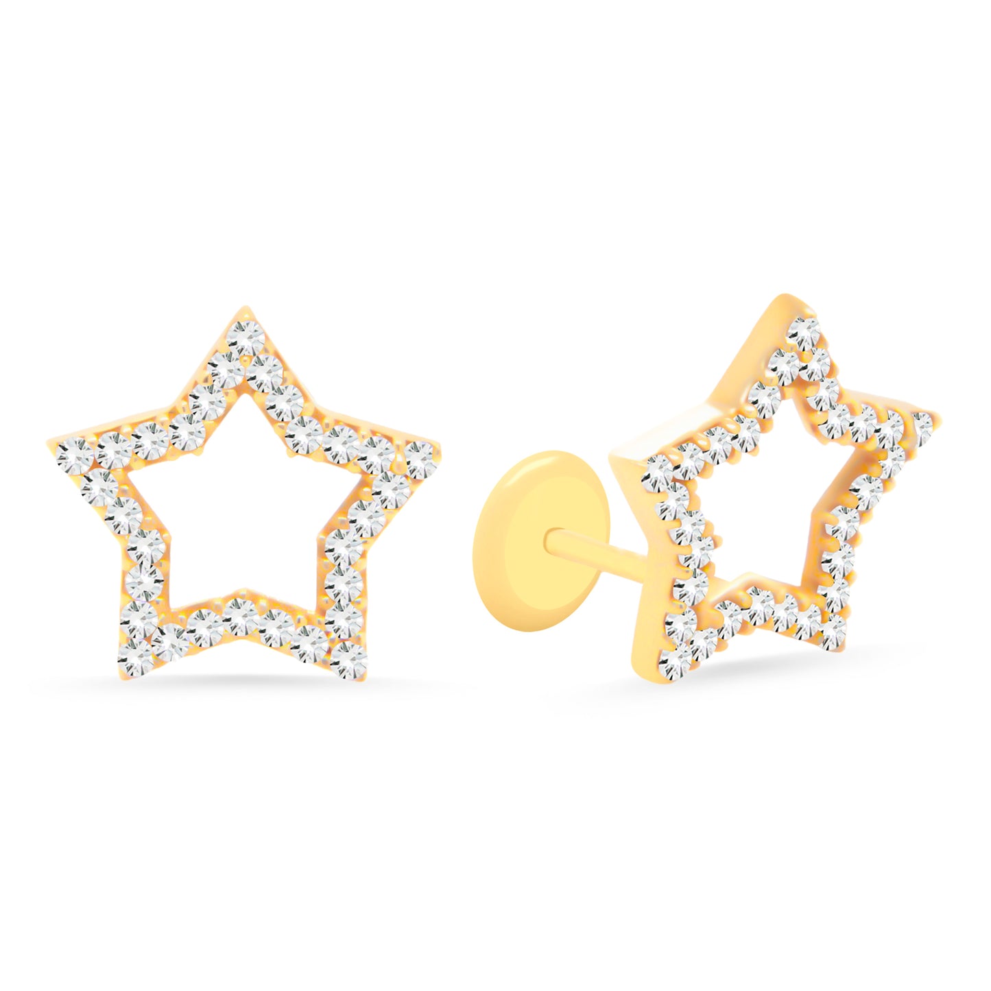 14K Yellow Gold Large Open Star Pave White CZ Stud Screwback Earrings
