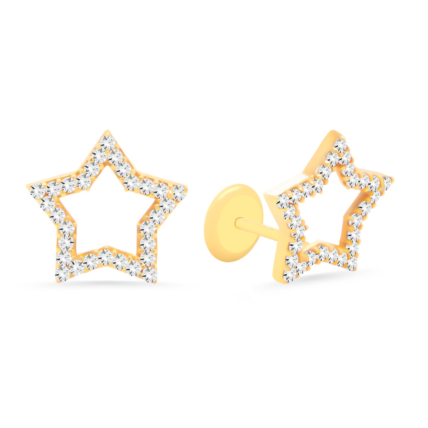14K Yellow Gold Medium Open Star Pave White CZ Stud Screwback Earrings