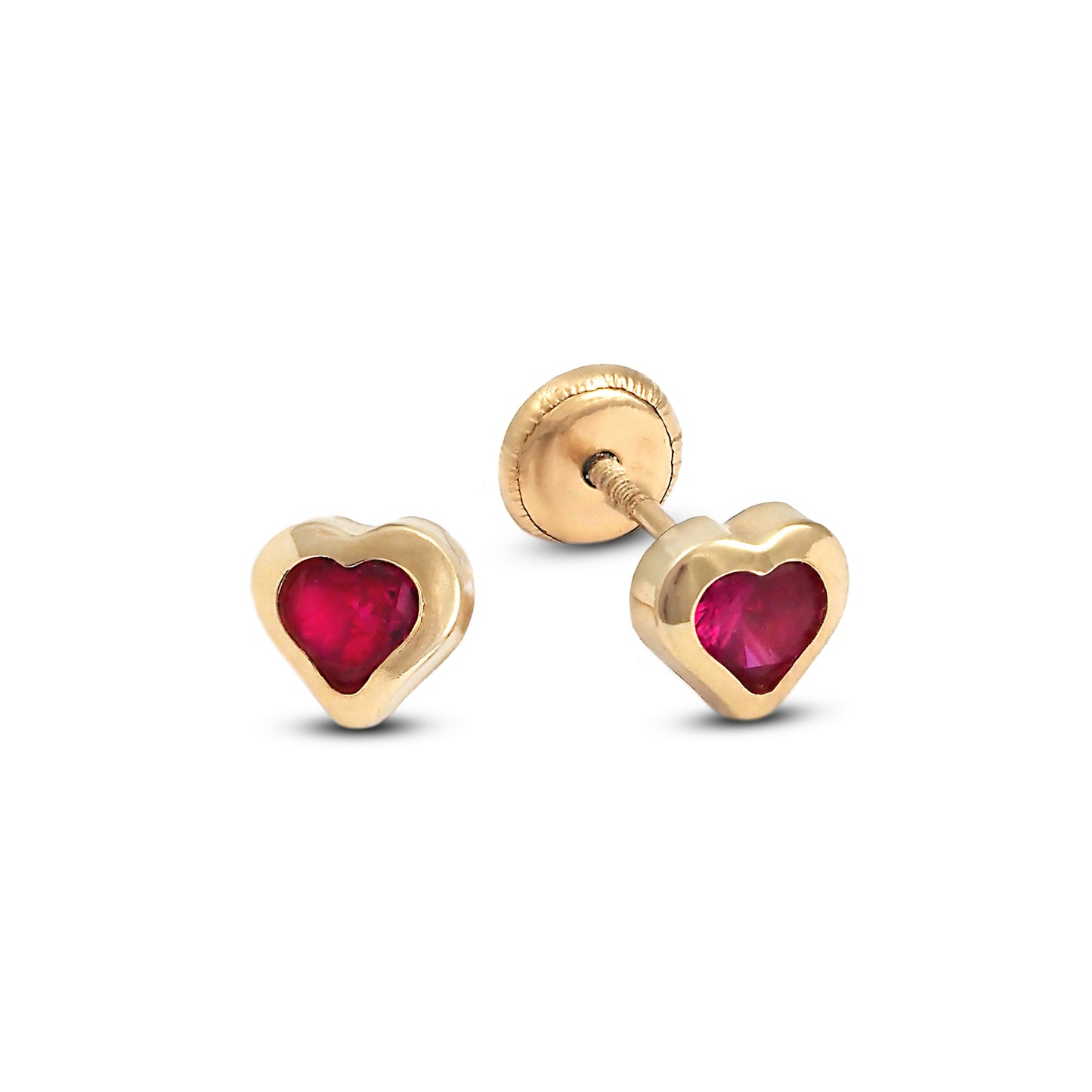 14K Yellow Gold Medium Red CZ Bezel-Set Heart Stud Screwback Earrings