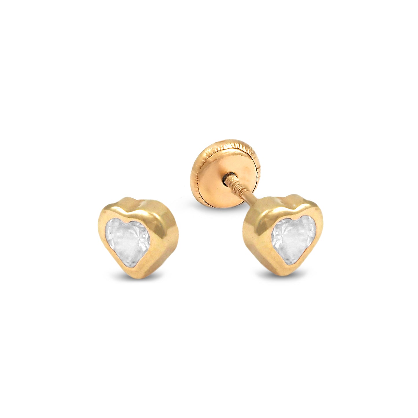 14K Yellow Gold Medium White CZ Bezel-Set Heart Stud Screwback Earrings
