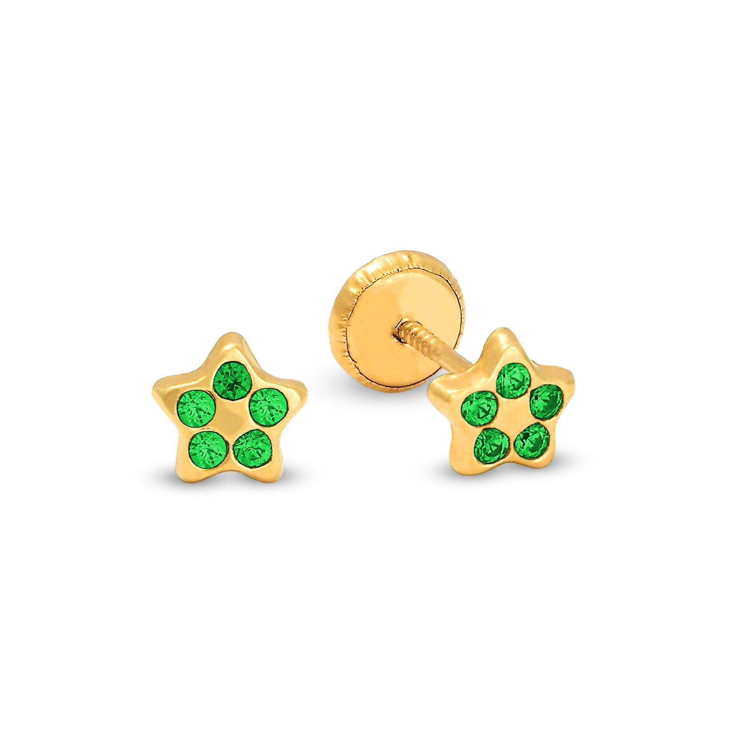 14K Yellow Gold Green CZ Star Stud Screwback Earrings