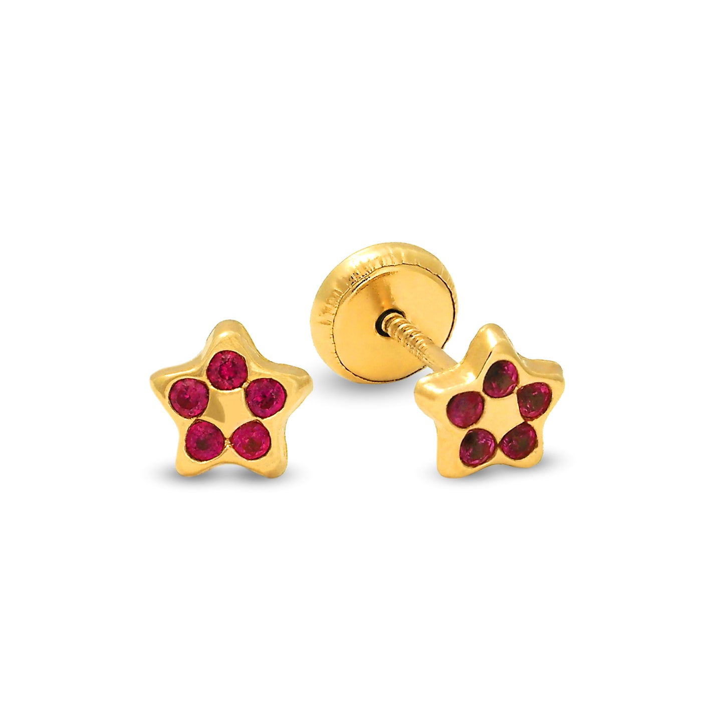 14K Yellow Gold Red CZ Star Stud Screwback Earrings
